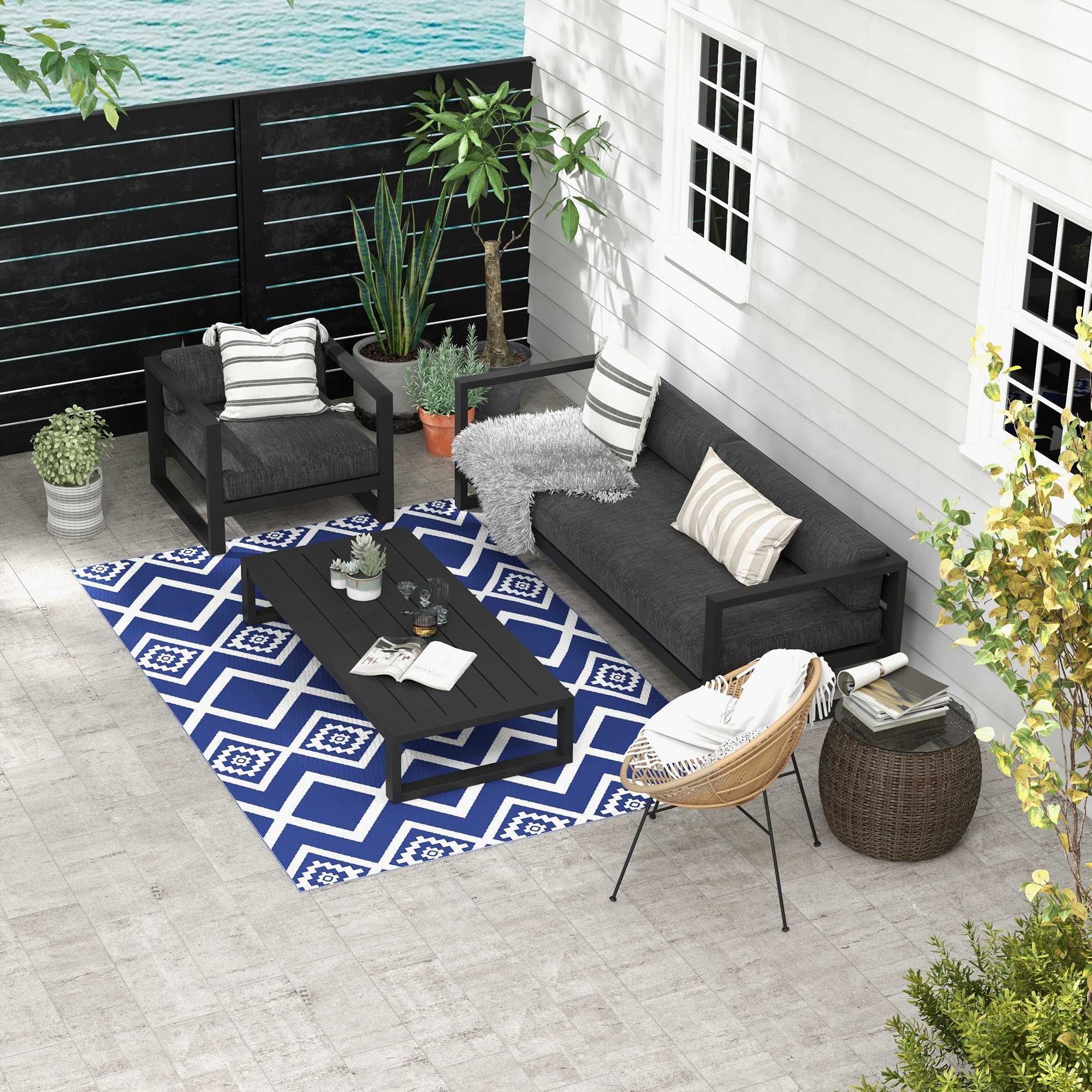 Outdoor Rug, Water-Repellent, with Carrying Bag, Plastic Blue-White