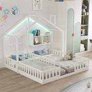Wooden Children's Bed 90x200cm House Design LED Lighting Storage White
