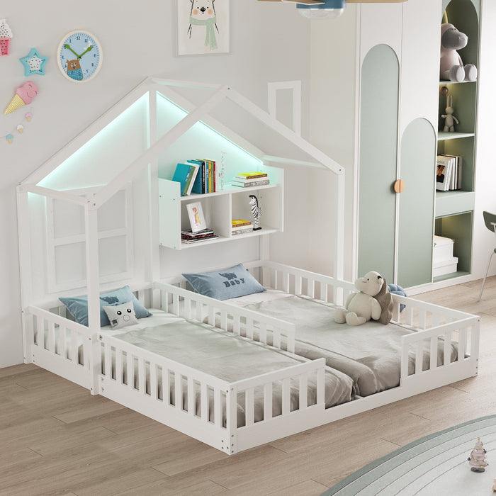 Wooden Children's Bed 90x200cm House Design LED Lighting Storage White