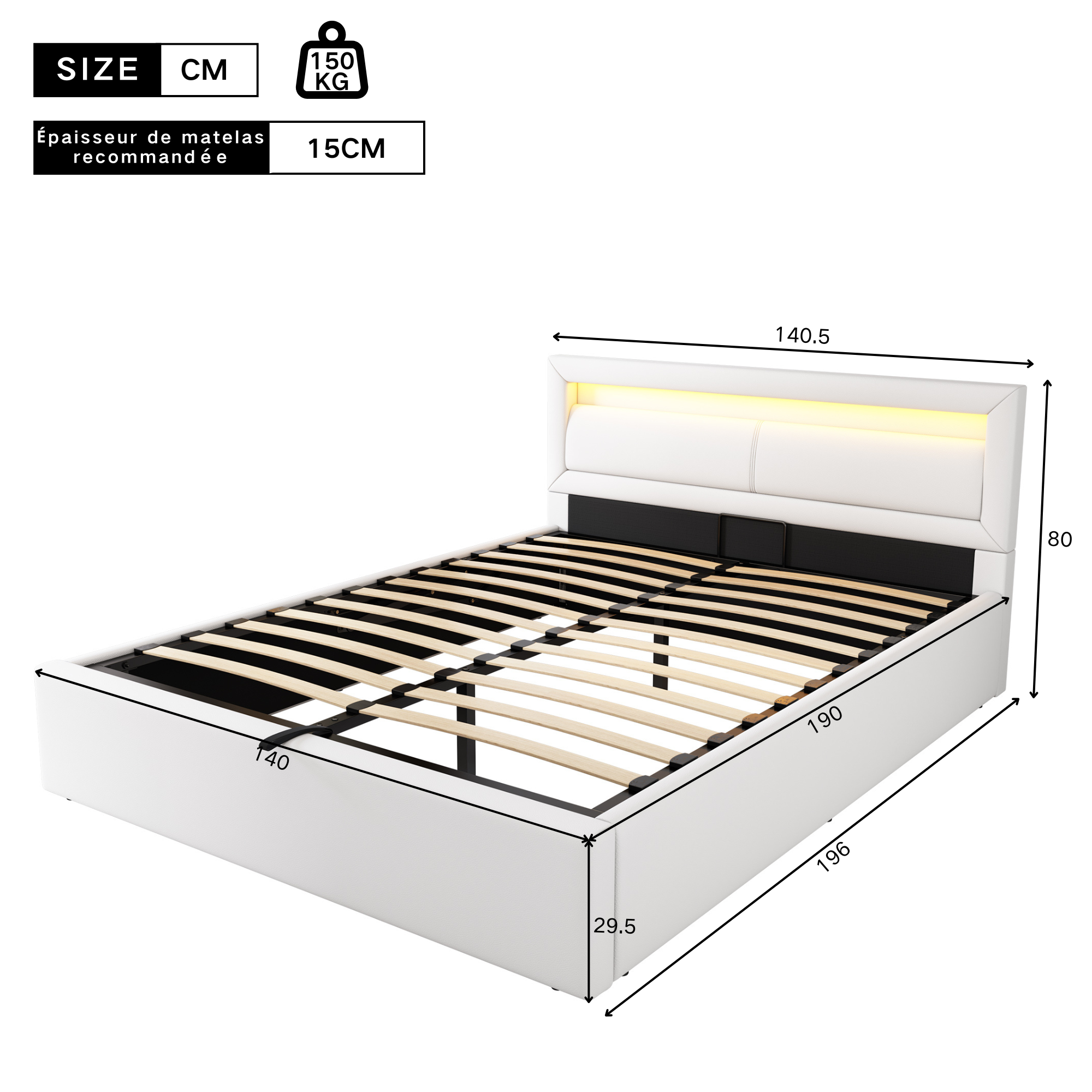Upholstered LED Bed 140x190cm Storage & Illuminated Headboard Faux Leather White