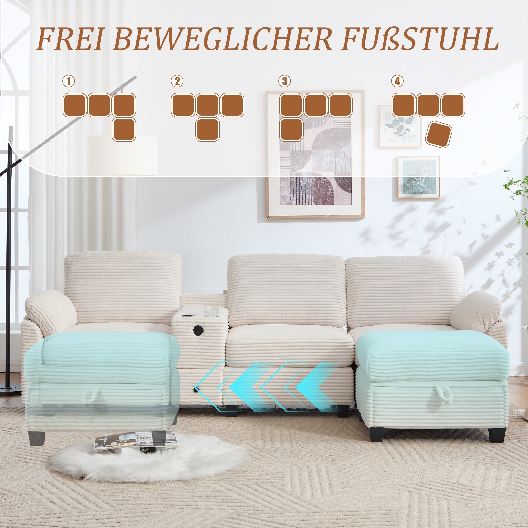 Sofa with Console, USB-C Port, Drawer & Movable Ottoman - Corduroy