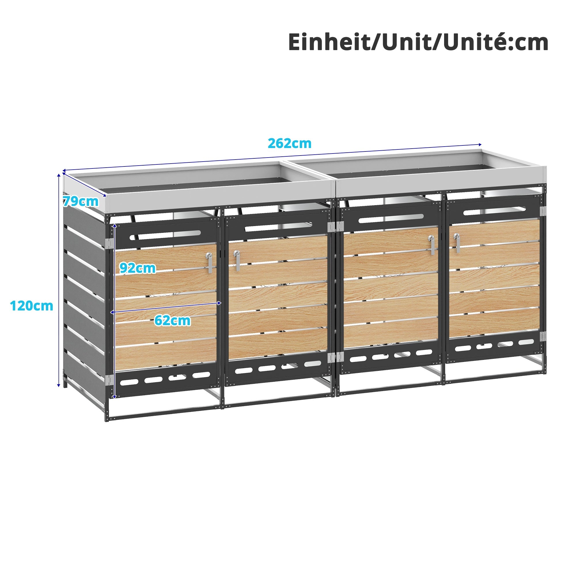 Bin Storage Unit with Planter Box, Slotted Ventilation and Lock, Iron with Wood-Look Slats