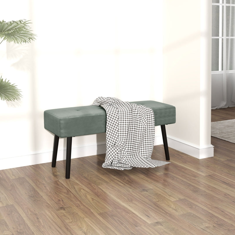 End of Bed Bench with Thick Padding and Steel Legs, Corduroy, Green