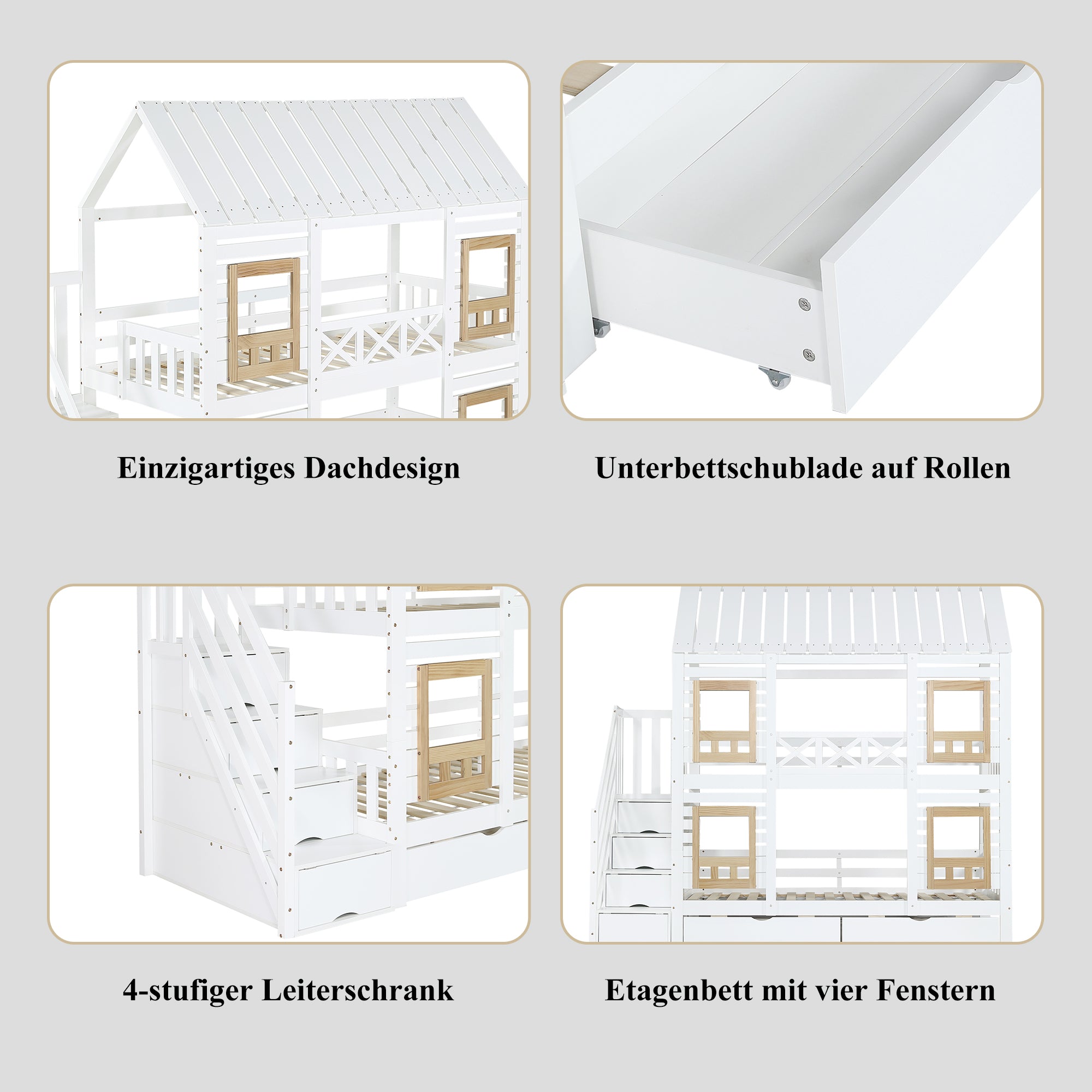 Bunk Bed Children's 90x200cm Safety Rail Storage Drawers Stairs, Pine+MDF White/Natural