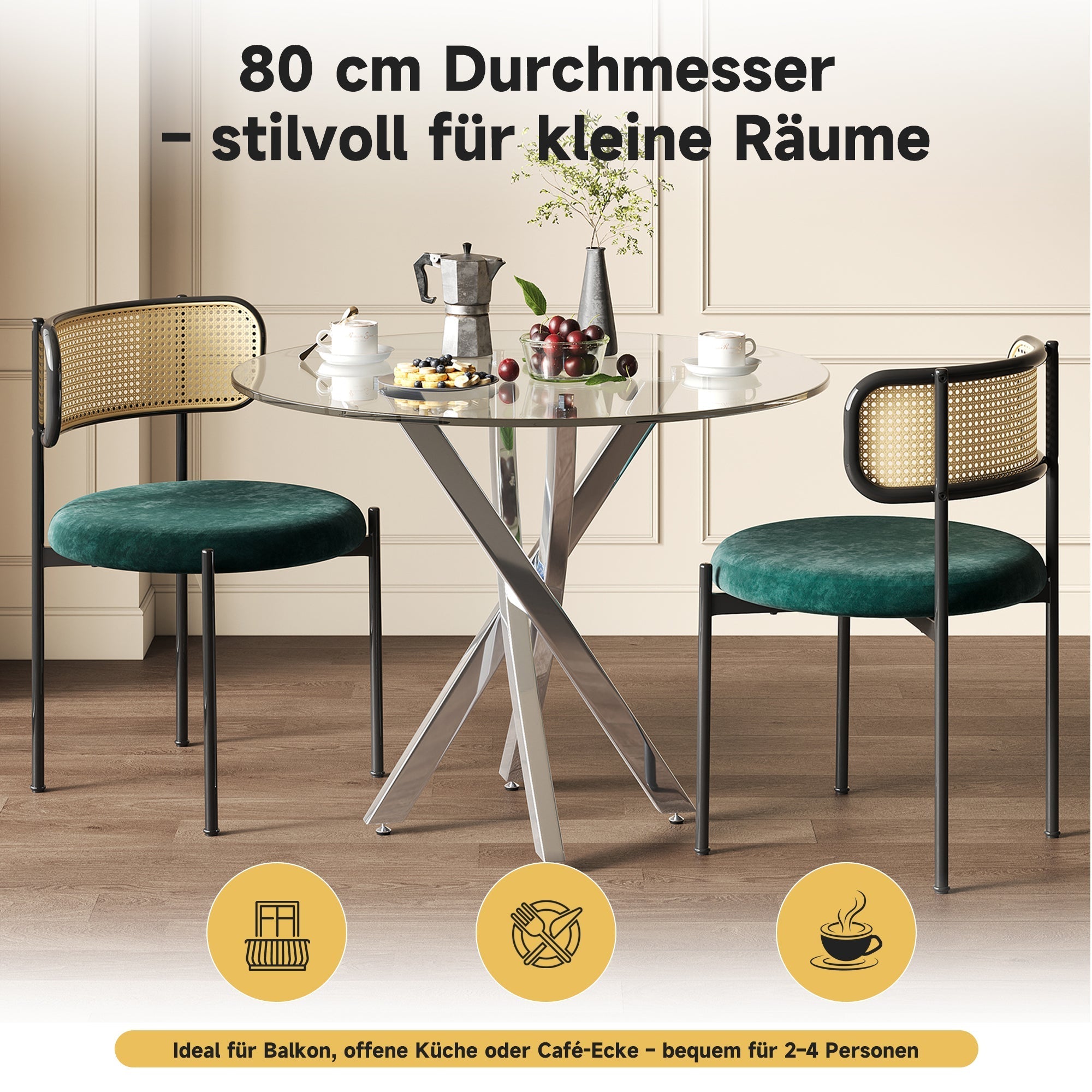 Dining Table Set with Tempered Glass Tabletop and 2 Chairs, Green and Silver