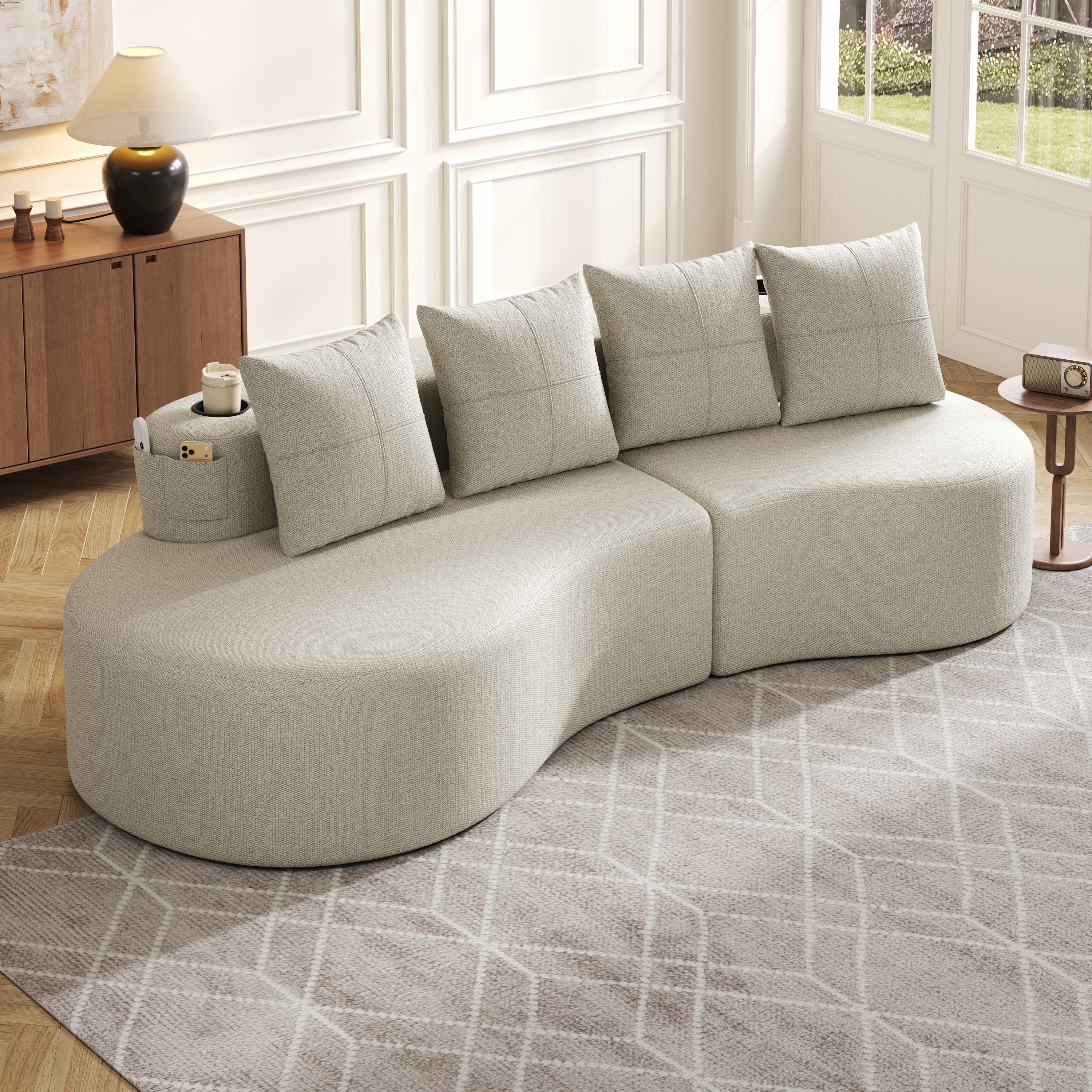 Linen Sofa with 4 Cushions, Cup Holder and Side Pocket, Beige