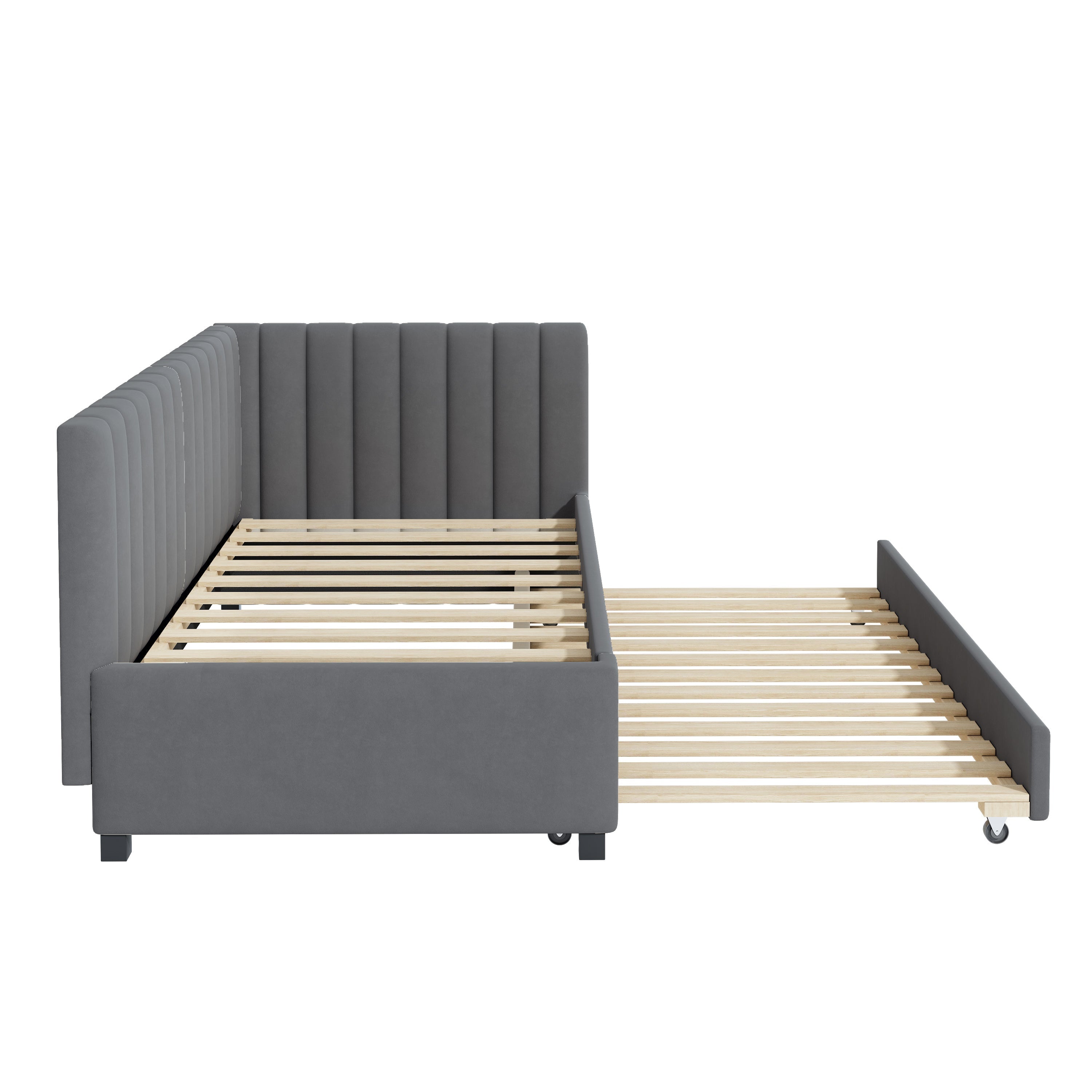 Upholstered Bed 90x200, Pull-Out Multifunctional Sofa Bed with Slatted Frame, Velvet Fabric Gray