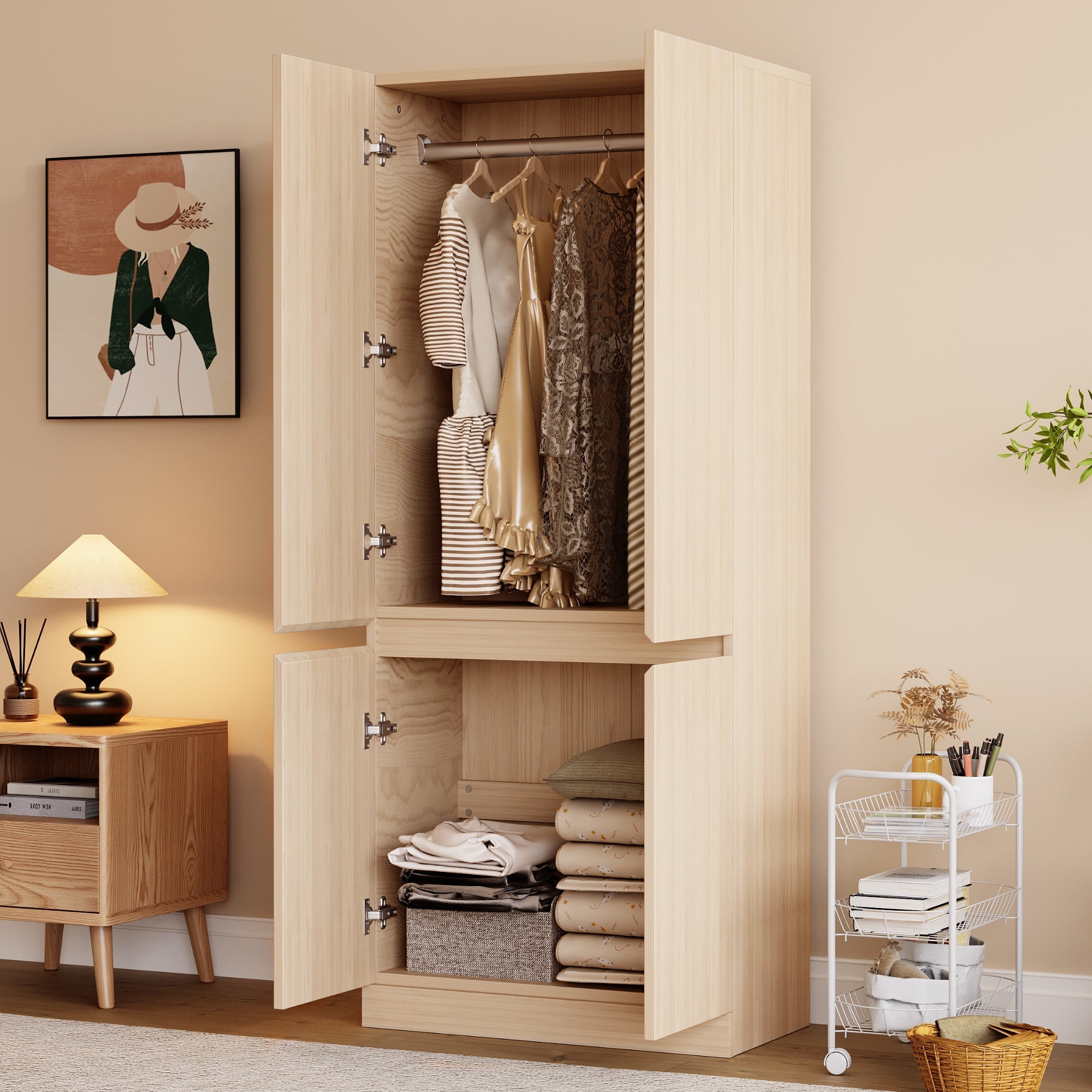 Wardrobe Double Door Large Storage 70x40x170cm Wood Color