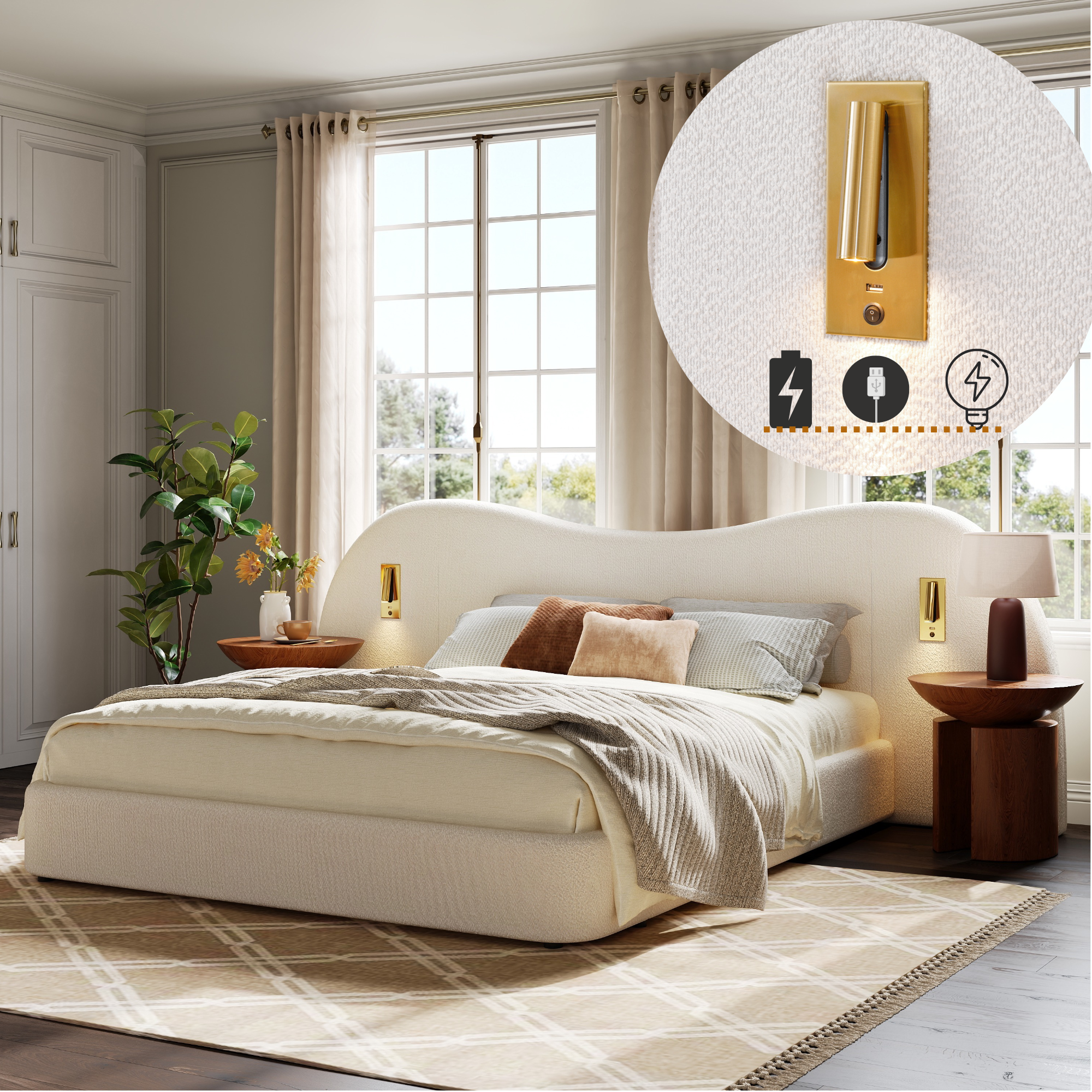 Upholstered Double Bed 180x200cm Hydraulic Storage USB Reading Lamp White Bouclé
