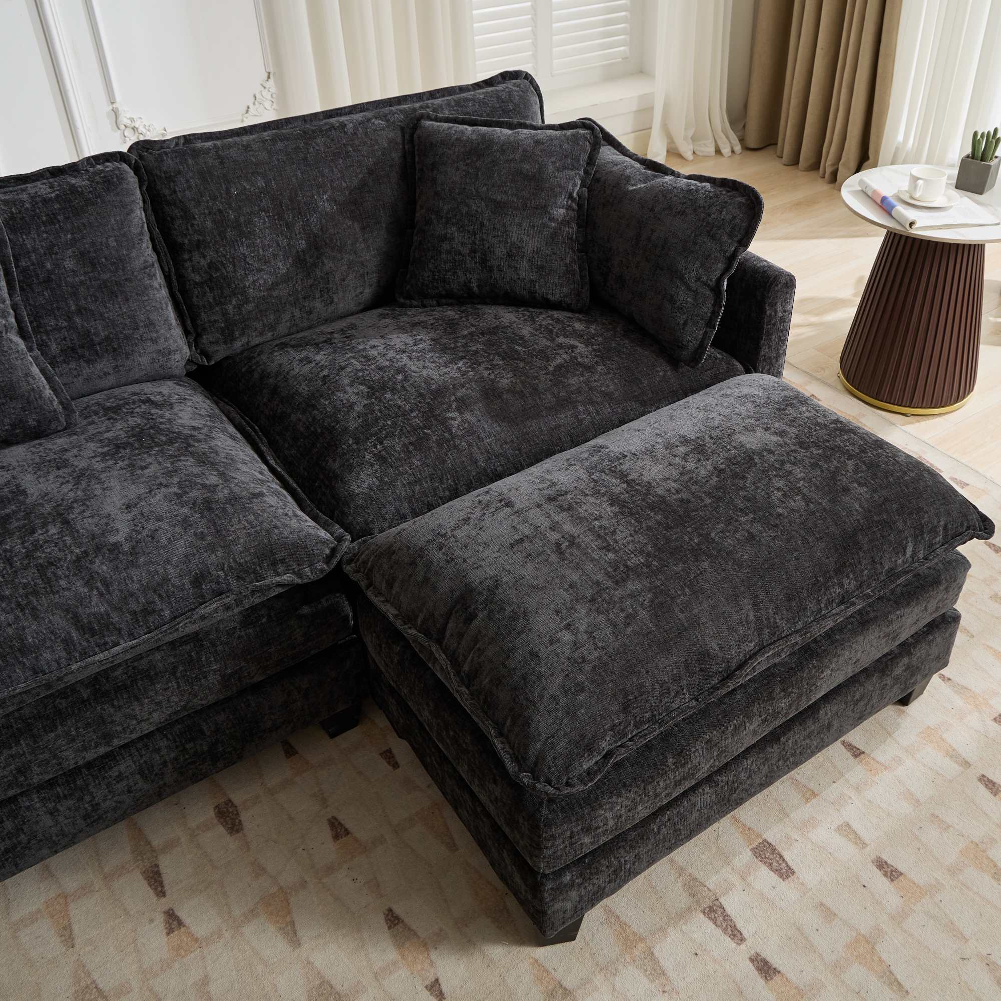 Cloud Sofa Ottoman - Modern Sectional Double Layer Cushion - Black Chenille