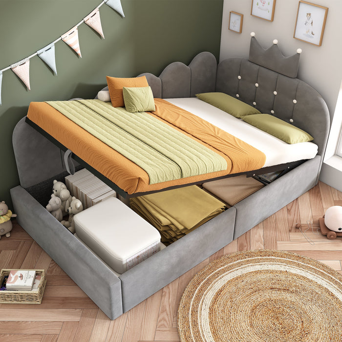Upholstered Daybed with Hydraulic Storage and Crown-Lattice Design, 90x190cm, Grey Velvet