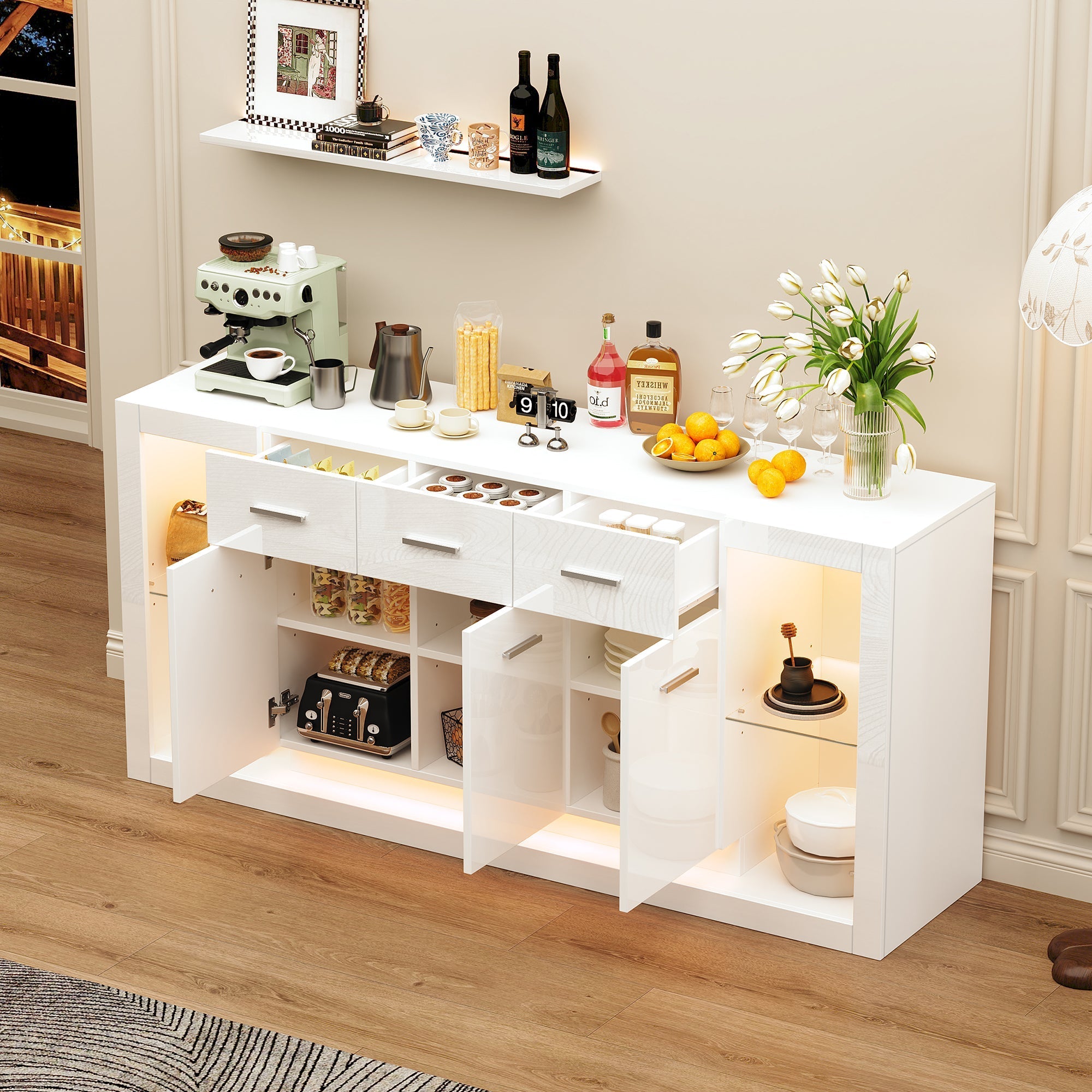 High-Gloss Sideboard 160cm with LED Light and 3 Drawers - White