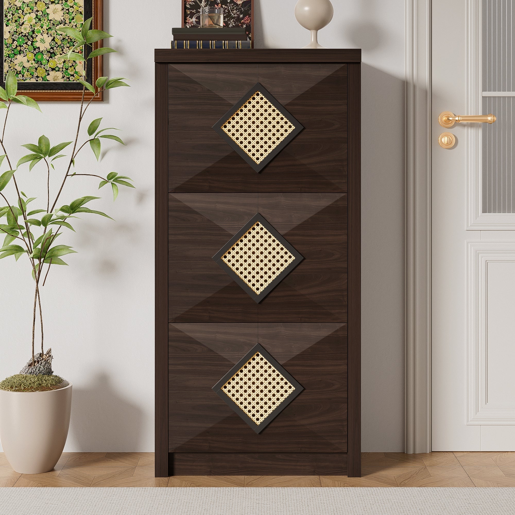 Vintage Shoe Cabinet Rattan Decor 3 Drop-Down Compartments 54x25x115cm - Dark Brown Wood