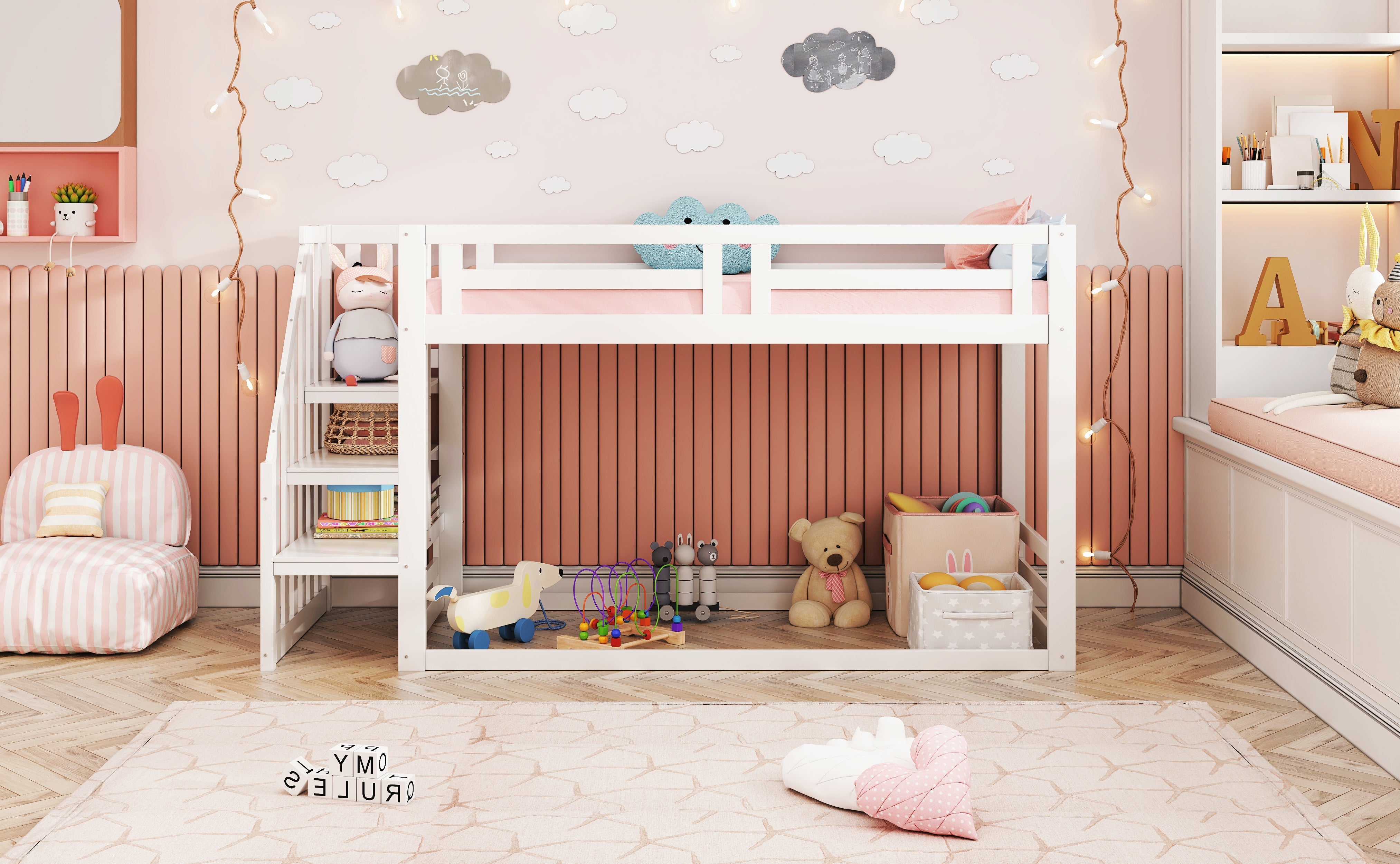 Children's Bed, Low Bunk with Safety Stairs, Solid Wood, White