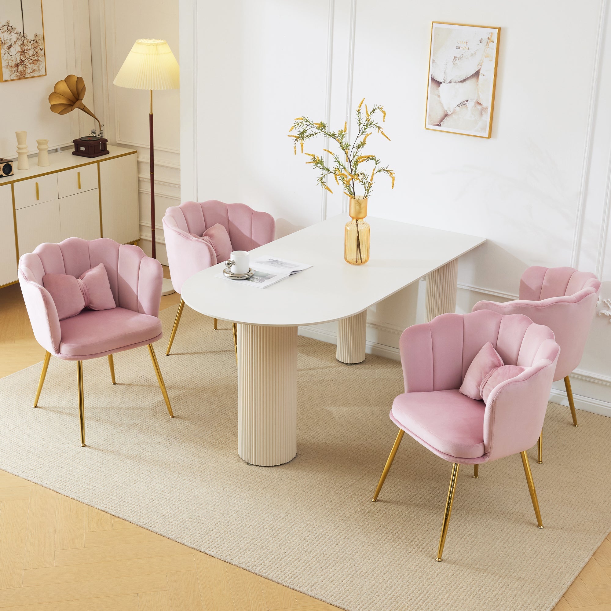 Velvet Chairs, Set of 4 Modern Upholstered with Petal Back & Butterfly Cushion, Gold Metal Legs