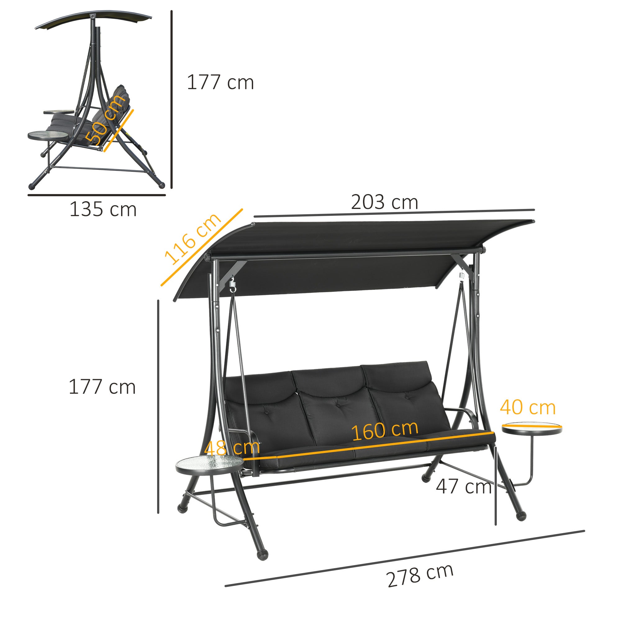 Hollywood Swing 3-Seater with Coffee Tables Adjustable Sunshade 300kg Capacity, Black