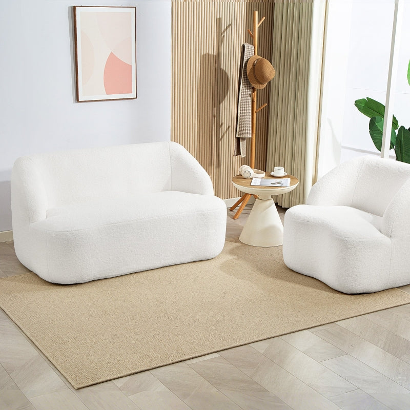 2-Seater Sofa, Curved Design Upholstered with Fleece Cover, Cream White