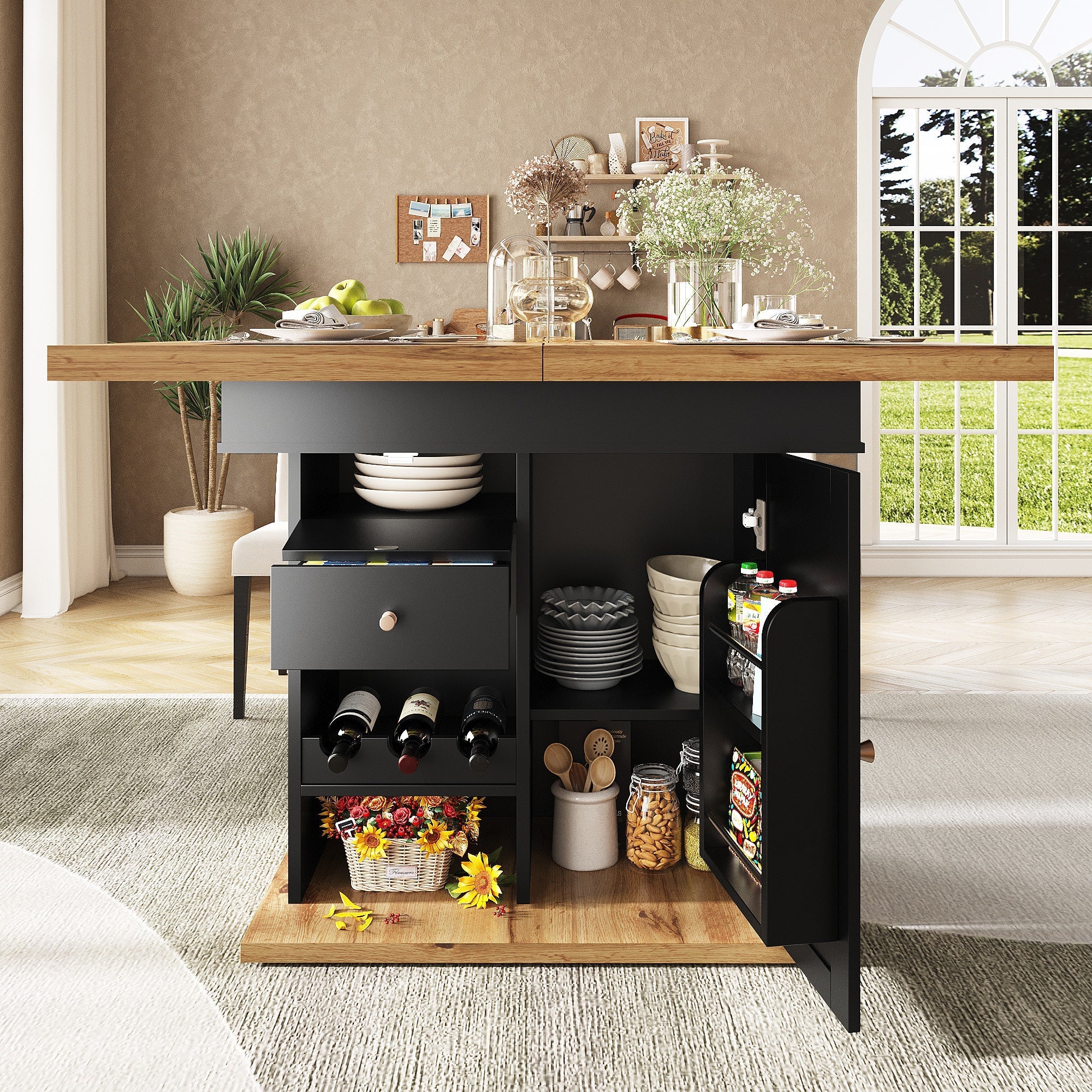 Telescopic Dining Table, Extendable 4-6 Seater with Snack/Wine Rack, MDF/Metal