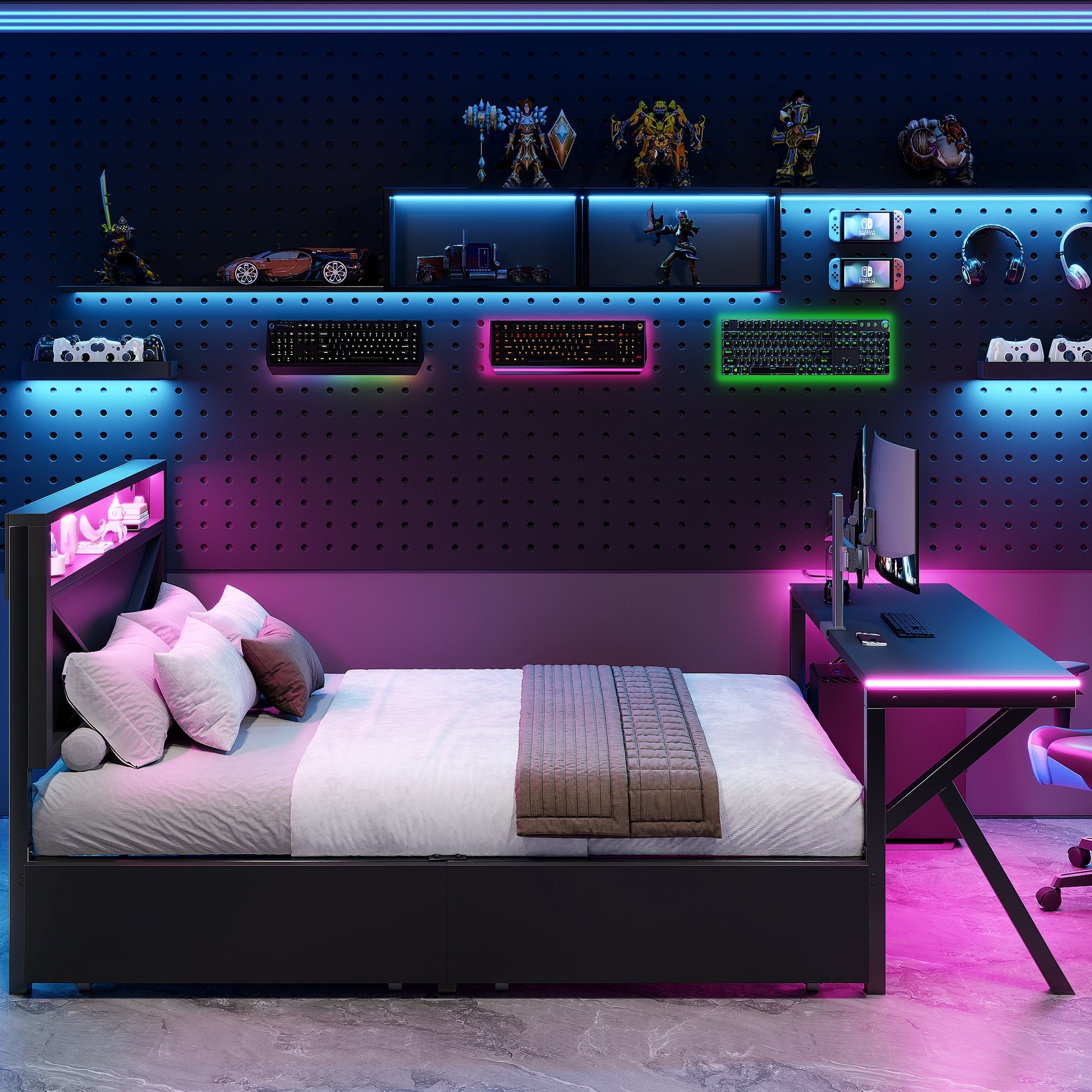Gaming Platform Bed with LED Headboard, Desk and Drawers, Black Metal