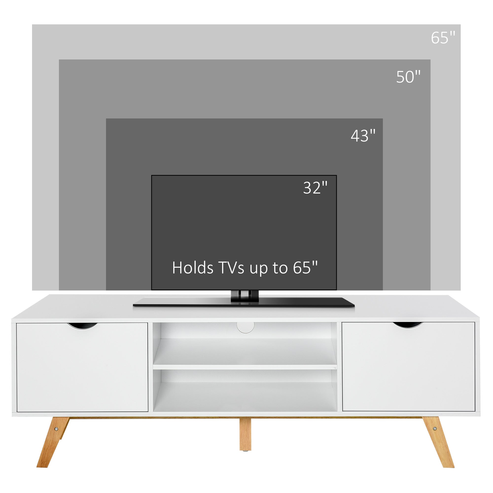 TV Stand Cabinet for TVs up to 65" with Storage & Wood Legs, White