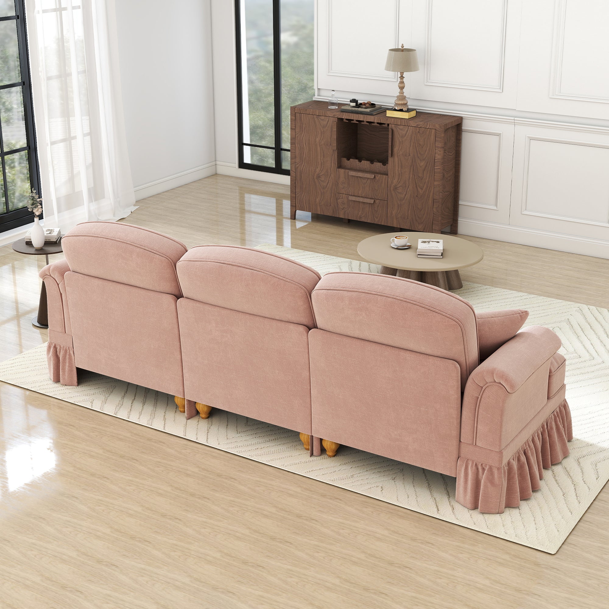 3-Seater Sofa Mid-Century Ruffled Apron Spindly Legs - Chenille Pink