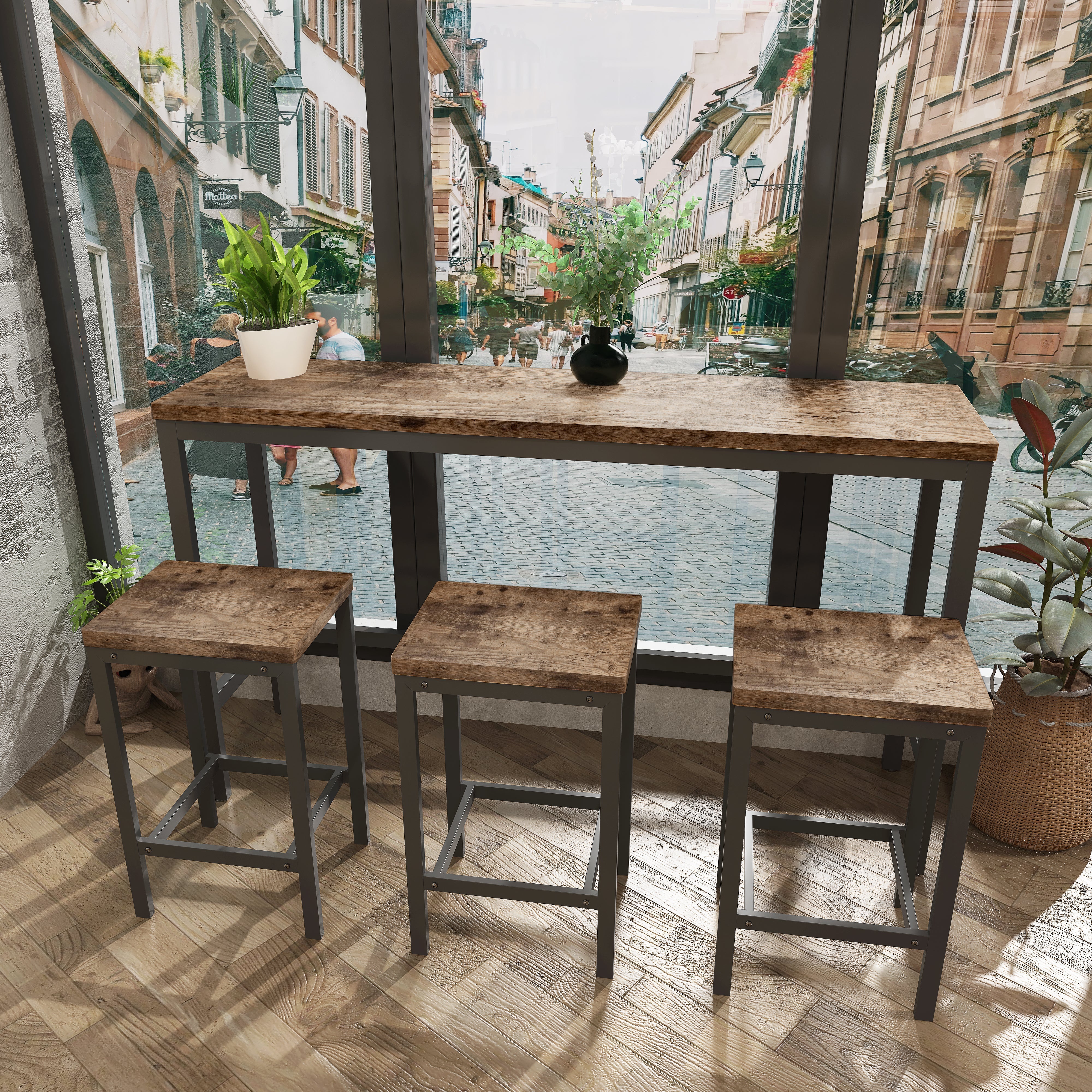 Dining Table Set, Modern Design with 3 Stools, Natural