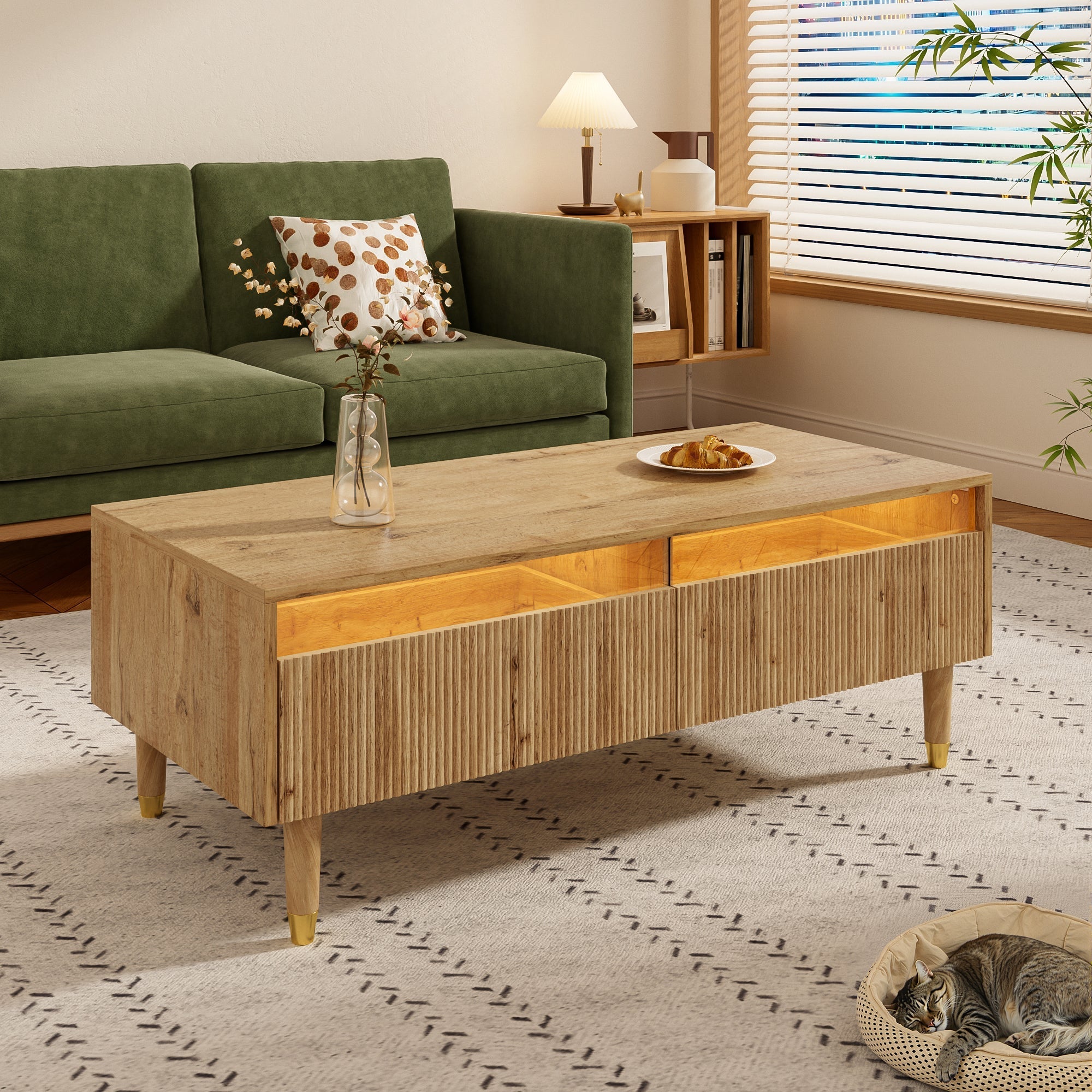LED coffee table with wavy drawer top, two drawers, gold-wood