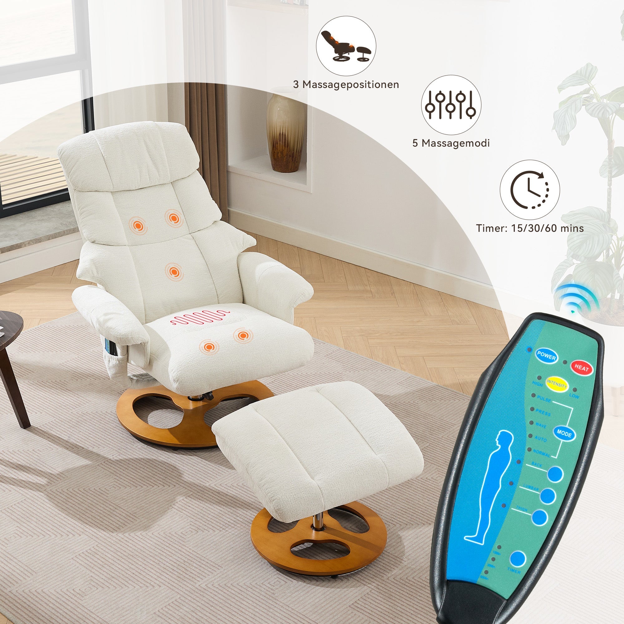 025 Recliner Chair with Massage, Heat, Reclining, Footstool, 360° Rotatable, Chenille Fabric White