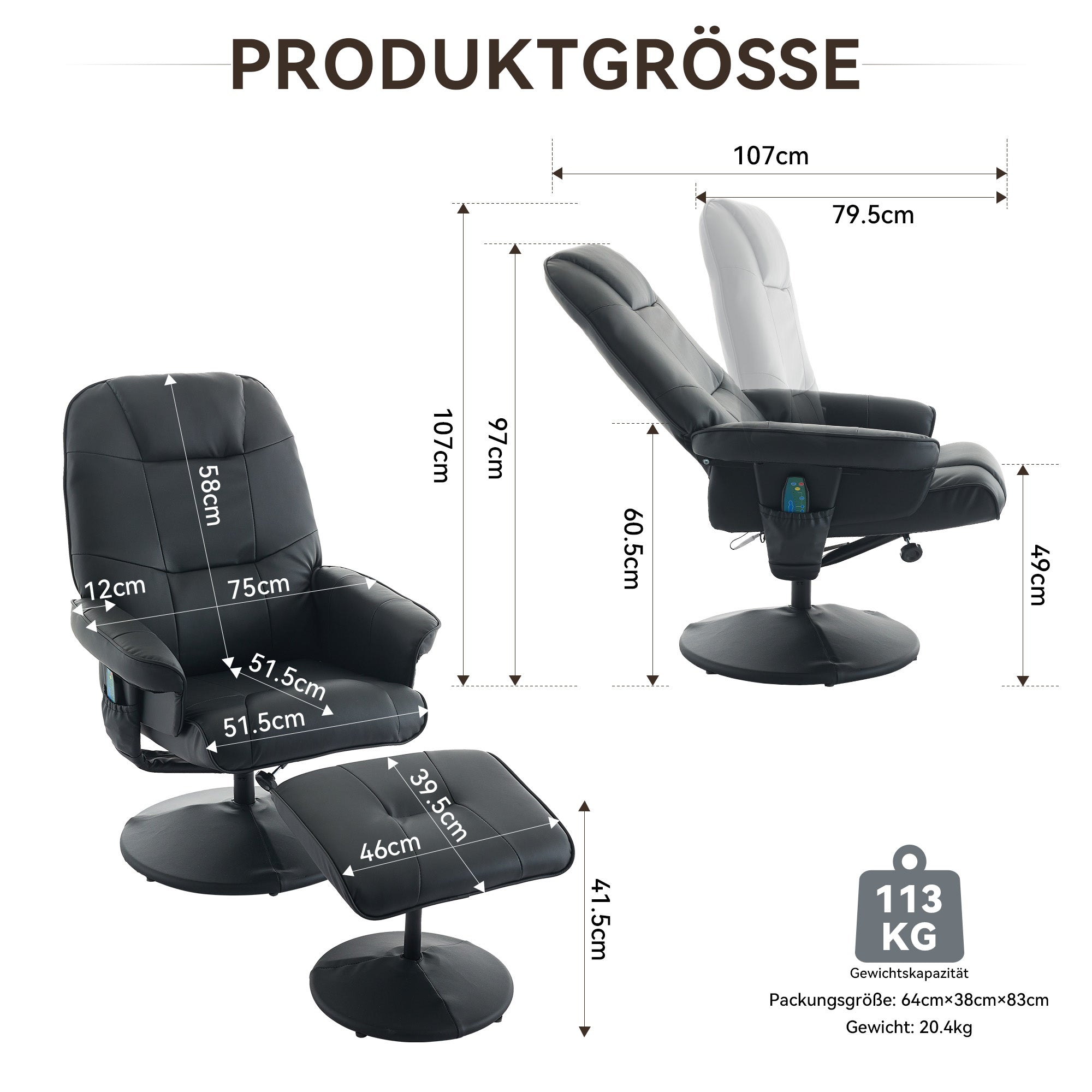Massage Chair: Reclining, Heating & Stool, 360° Rotation, Black PU Fabric