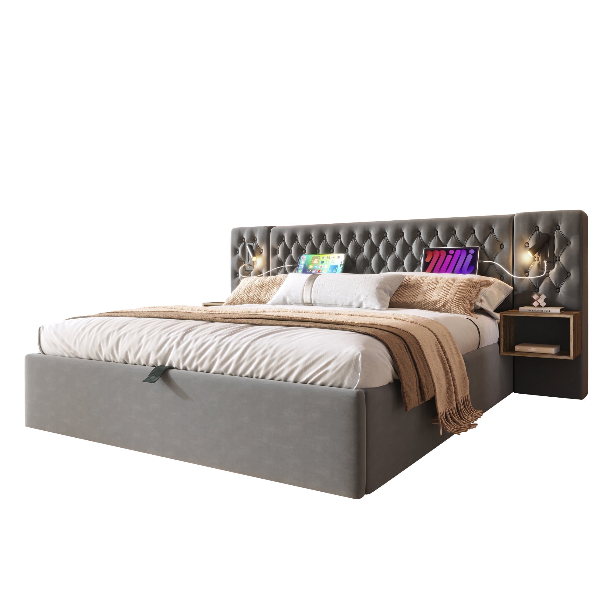Bedroom Set, Upholstered Hydraulic Storage Double Bed 180x200cm with 2 Nightstands & Headboard Reading Light with USB, Gray Velvet