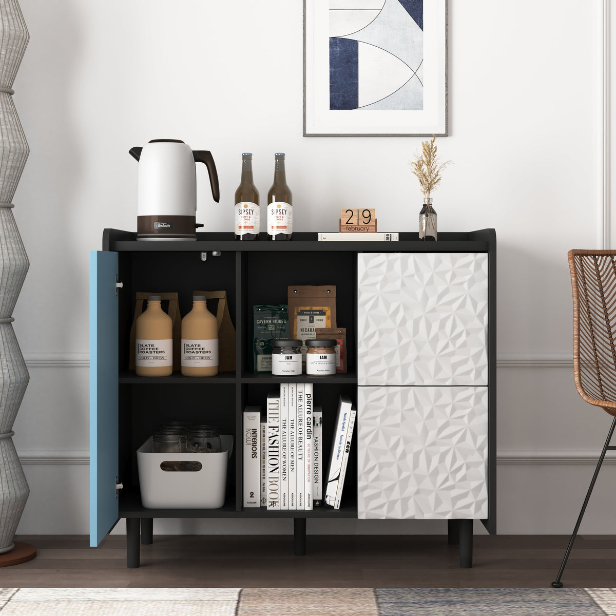 Sideboard Buffet Cabinet 2 Drawers 2 Open Storage - Black/Blue Doors