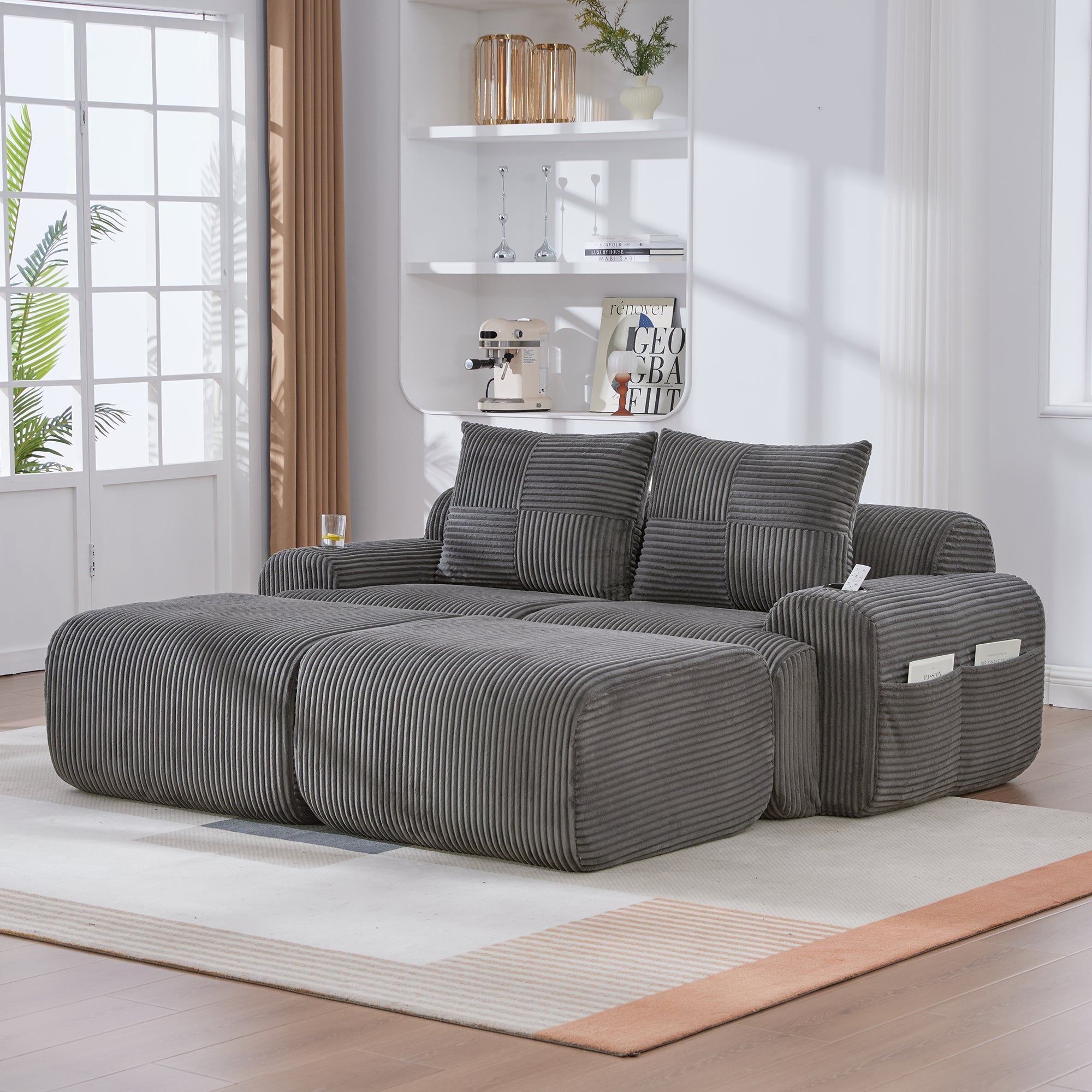 Modular 2-Seater Corduroy Sofa with Ottomans, Cup Holders and Storage Pocket, Dark Grey