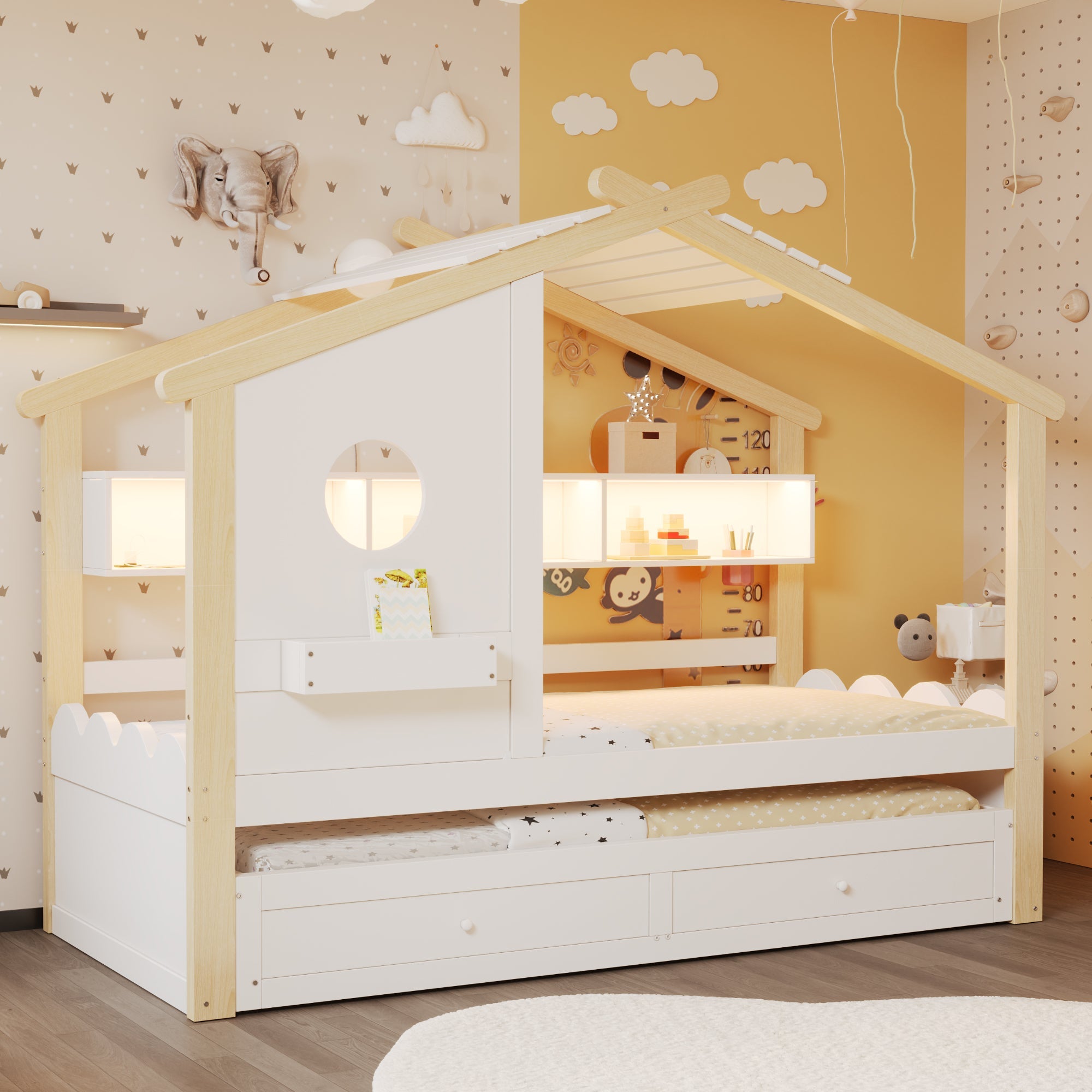 House-Shaped Children's Bed with Pull-out Bed, Drawers, USB, LED and Shelves, 90x200cm, White and Raw Wood