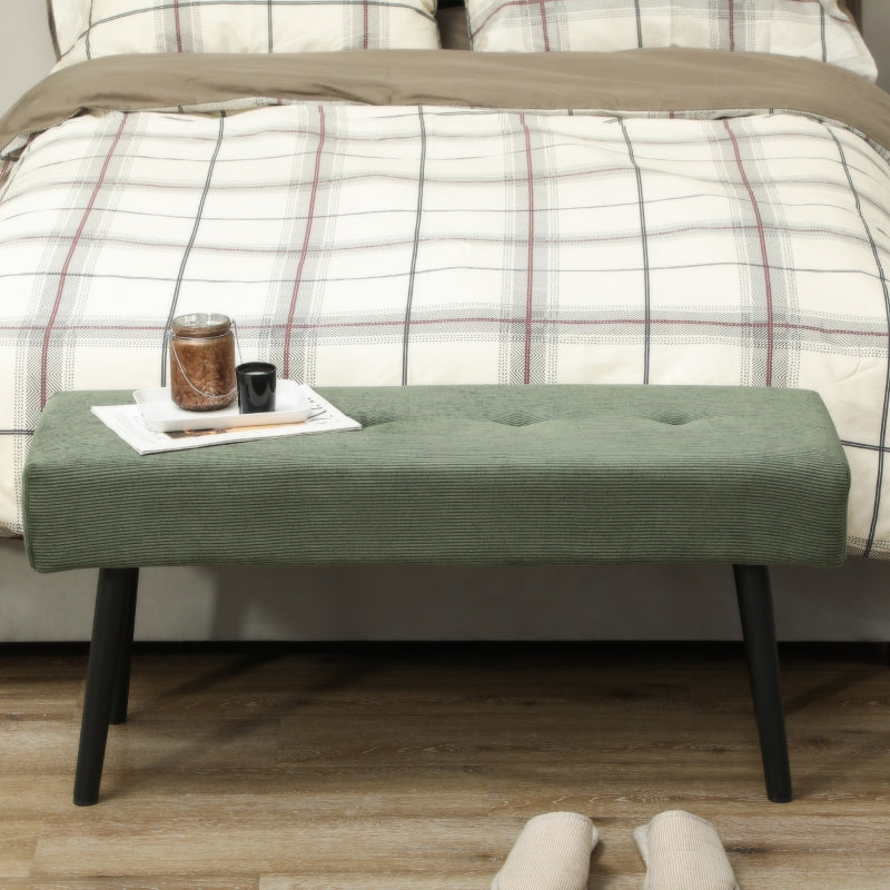 Upholstered bench with corduroy cover, metal legs, 100 x 36 x 45 cm, green