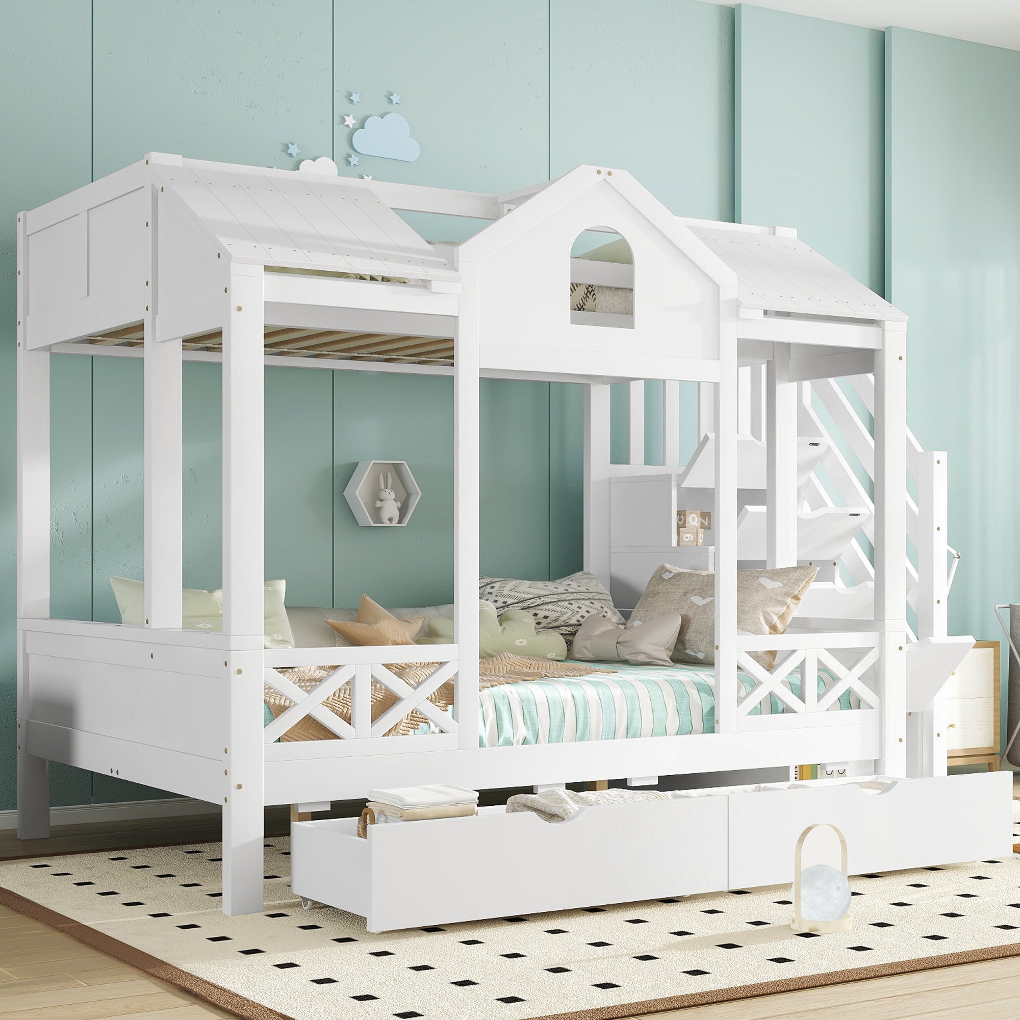Bunk Bed with Windows Roof Stair Storage Drawers 90/140x200cm White Pine