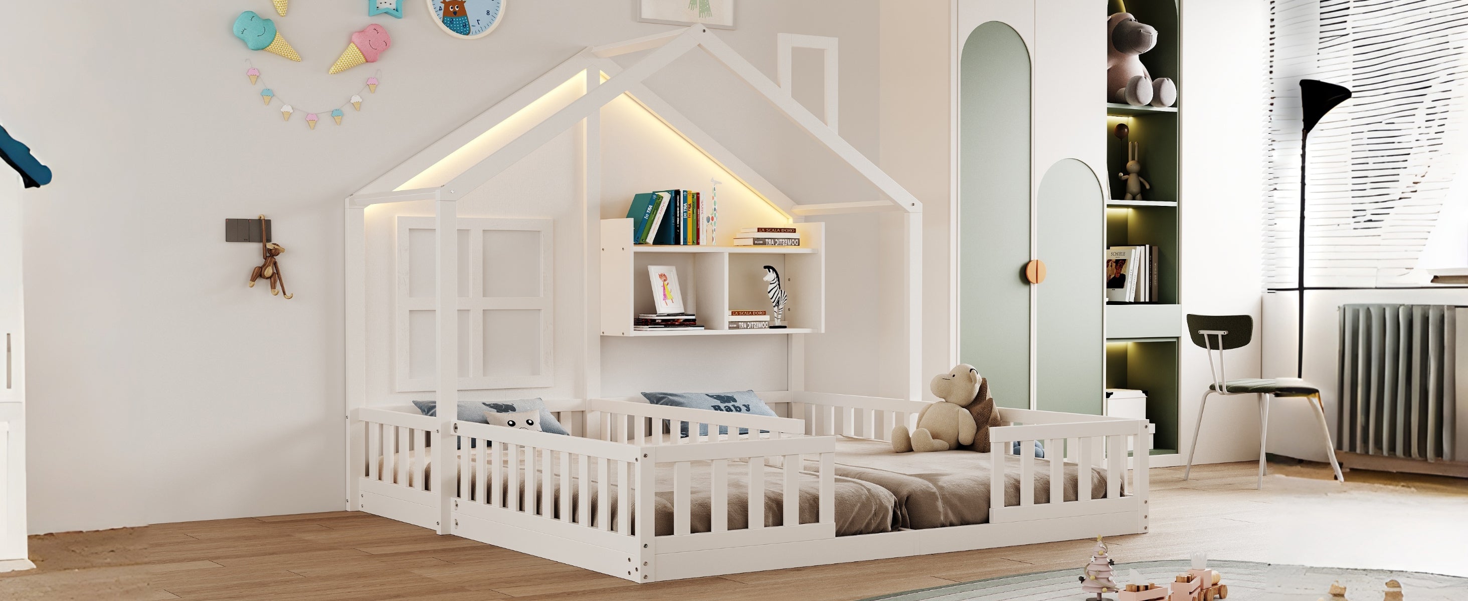 Wooden Children's Bed 90x200cm House Design LED Lighting Storage White