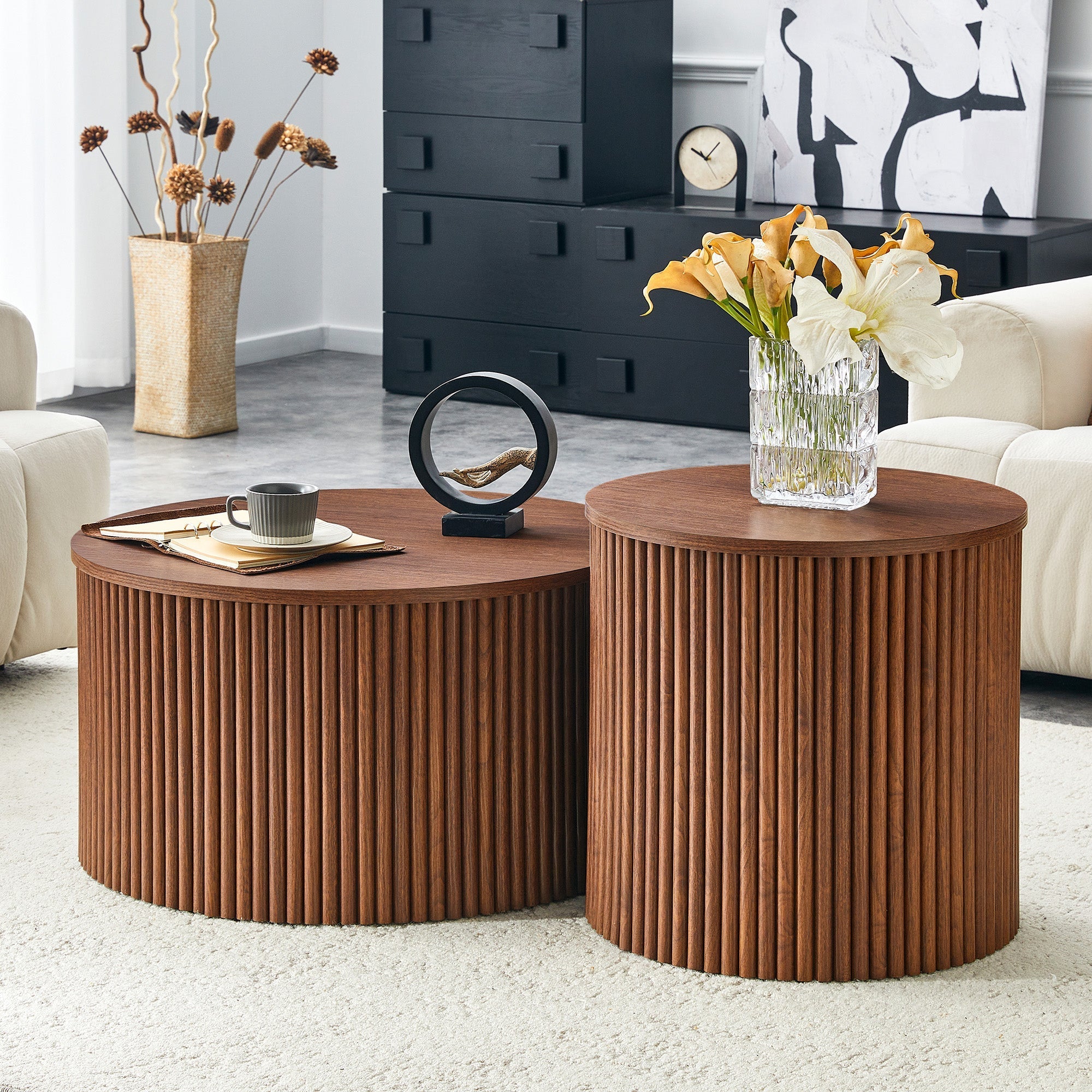 2-Piece Nesting Coffee Table Set, Roman Column Round Design with Built-in Storage, Walnut Grain MDF