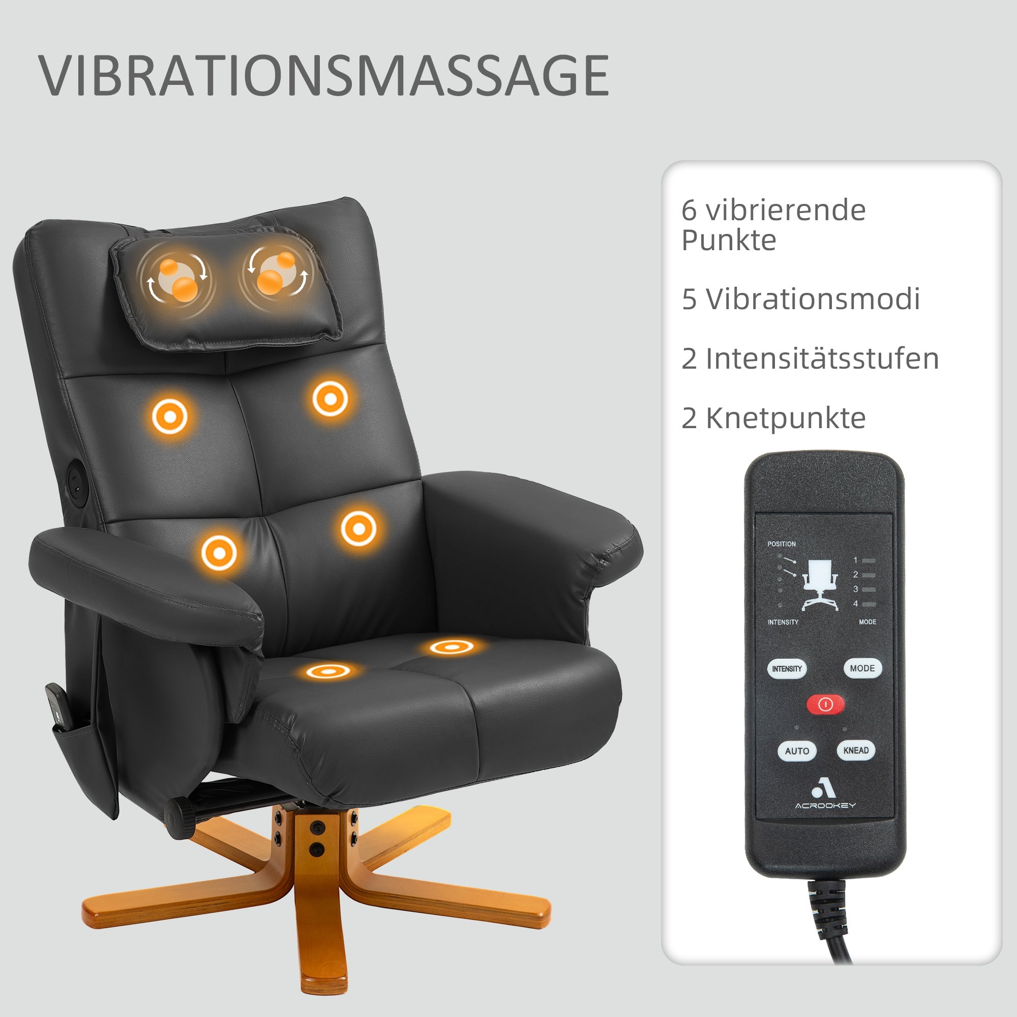 Reclining Massage Armchair with Footstool, Storage, Side Pocket - Faux Leather Black