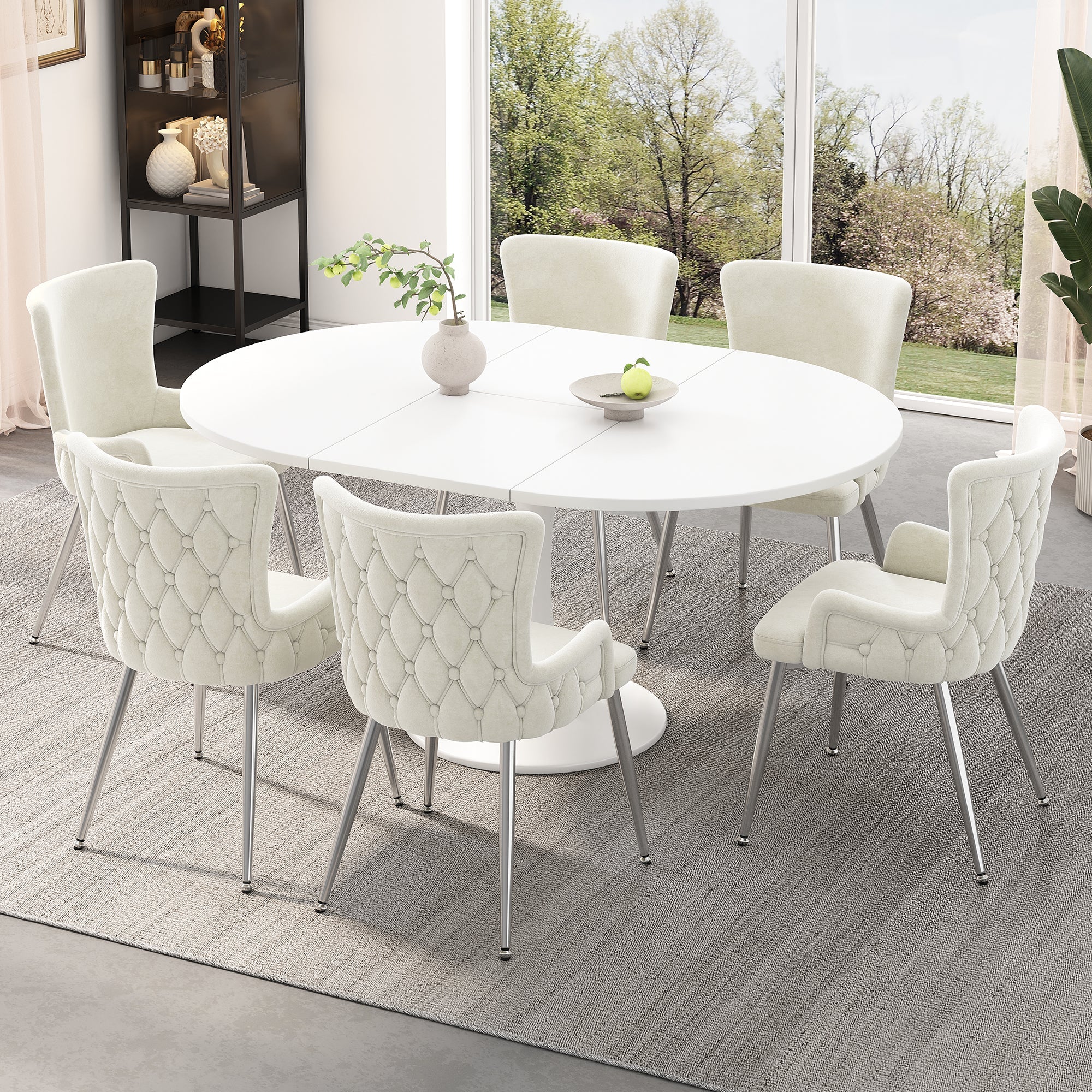 Velvet Dining Chair, Set of 6 Luxurious Lounge Chairs with Silver Metal Legs, Beige