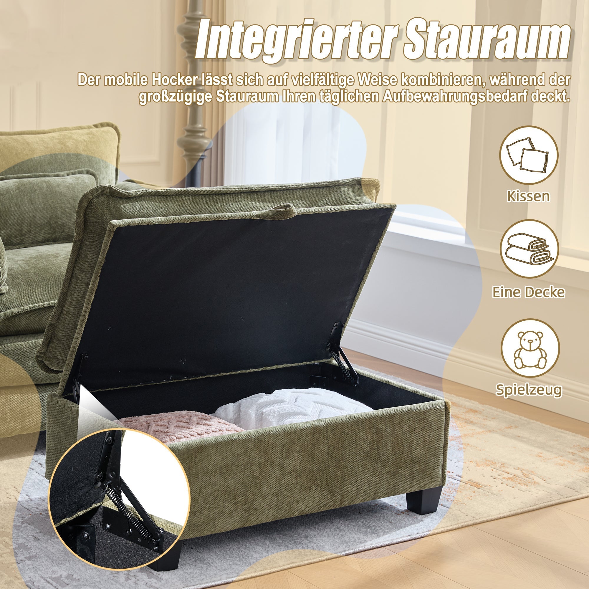 Armchair, Oversized with Footrest, Stool, Side Pockets, Cushions - Velvet