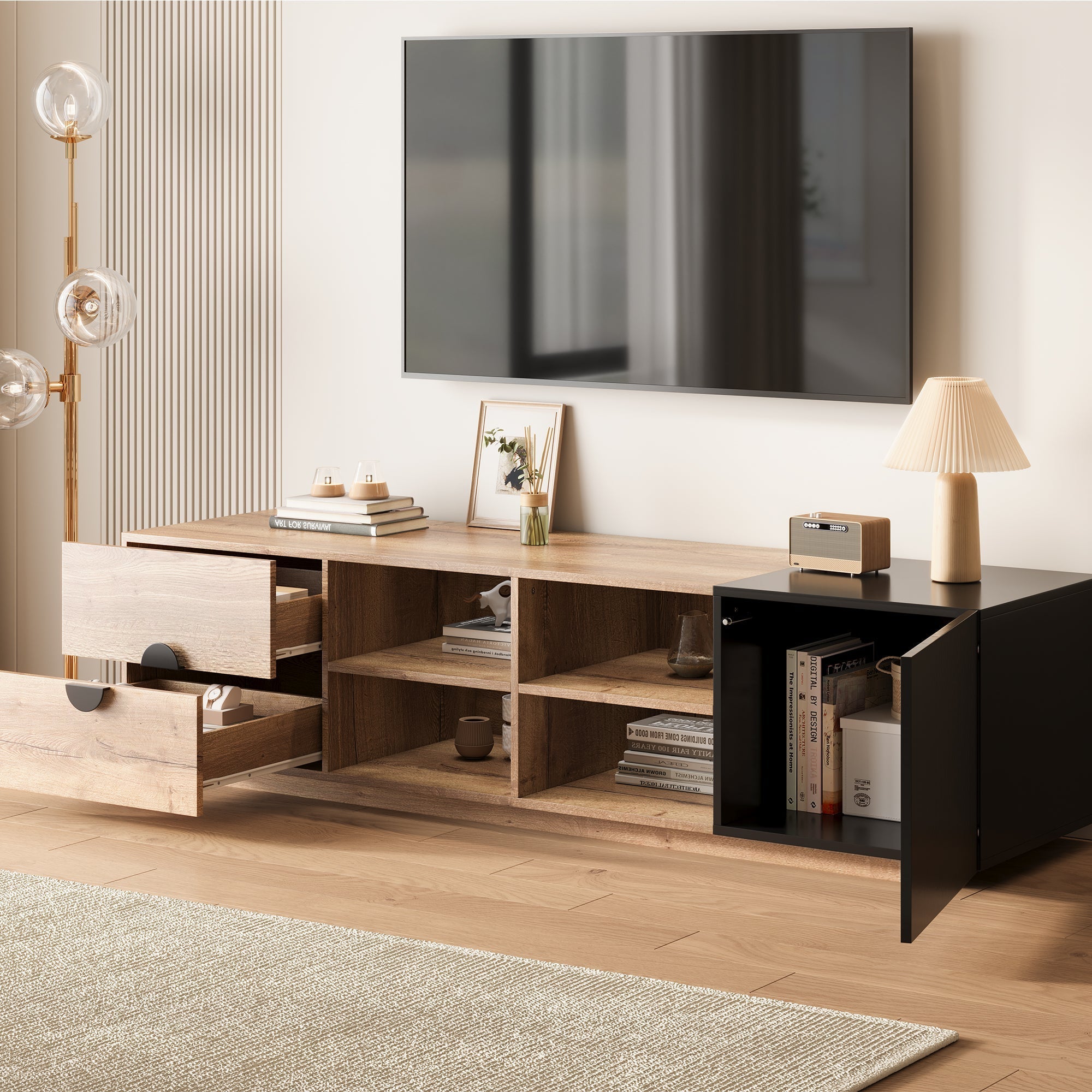 TV Cabinet with Drawer, Open Compartment and LED Lighting, Wood and Black Wood Contrast