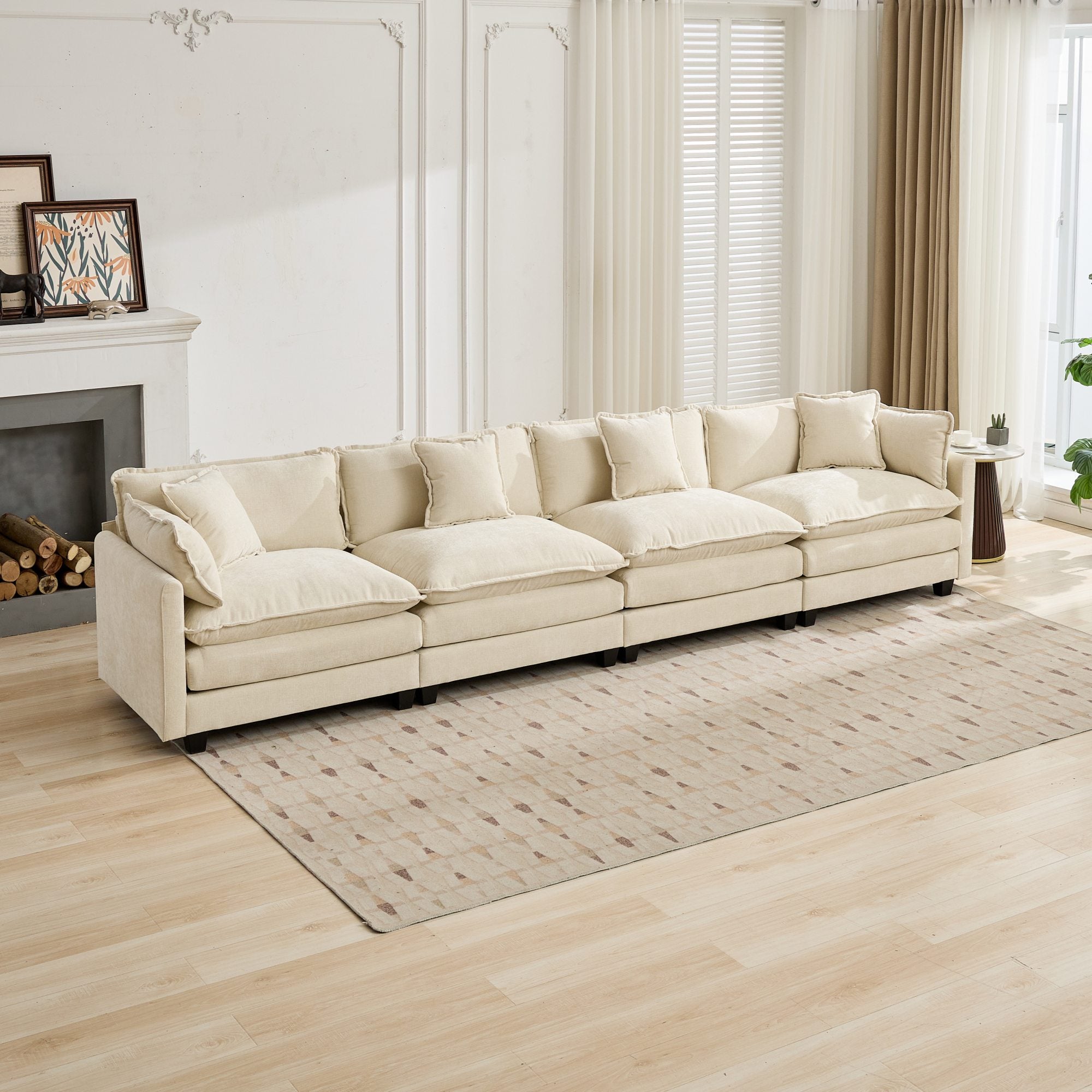 Cloud Sofa 4 Seats, Modern Sectional Couch with Double Layer Cushion, Beige Chenille Fabric