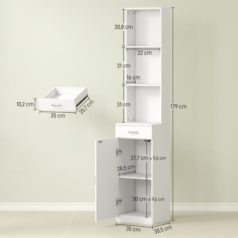 Hoher Badezimmerschrank, Schubladentür, verstellbare Einlegeböden, Weiß