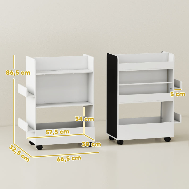 Children's Bookshelf 4 Shelves Chalkboard Wheels Storage White