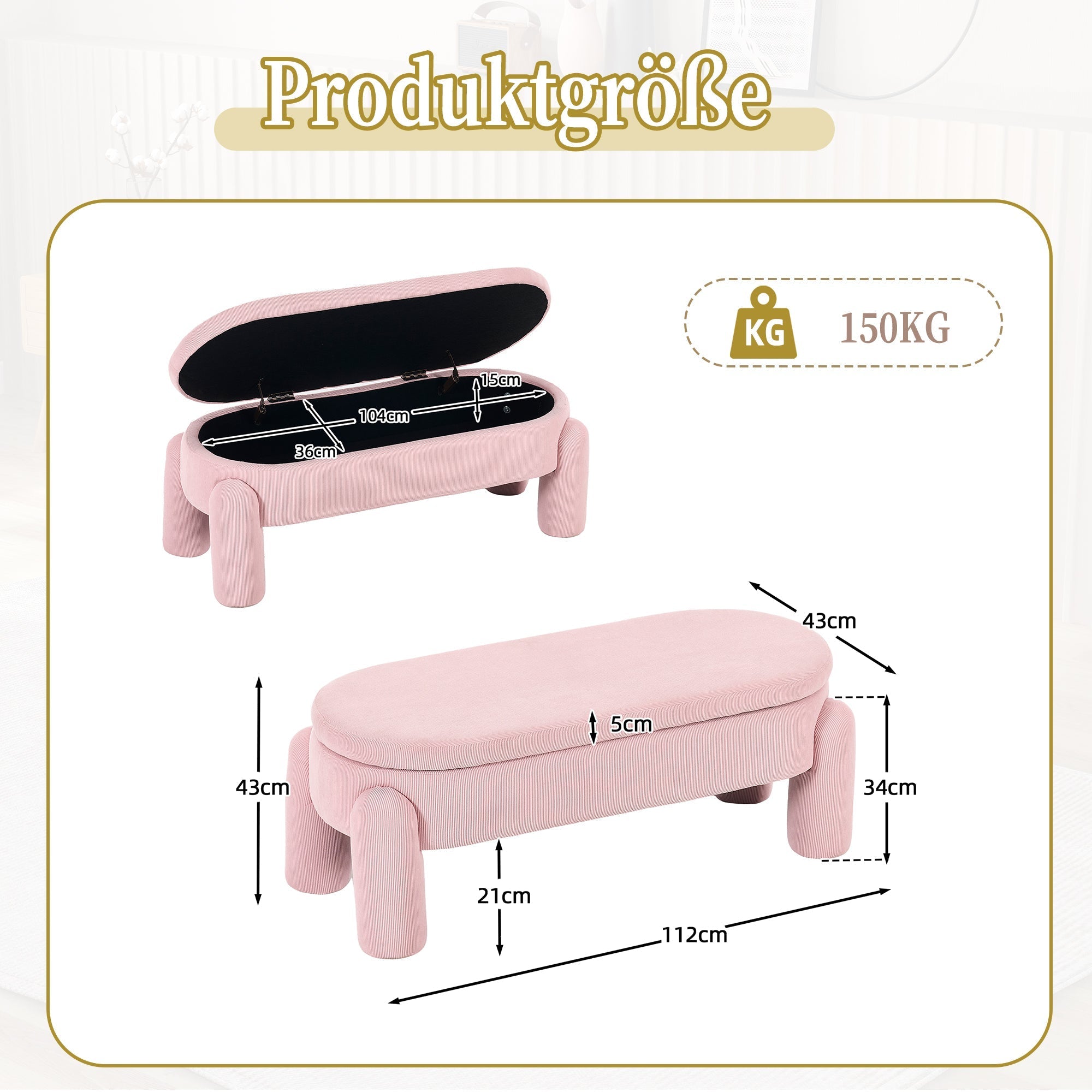 Storage Bench, Modern with Chenille Fabric & Solid Wood Frame, Pink