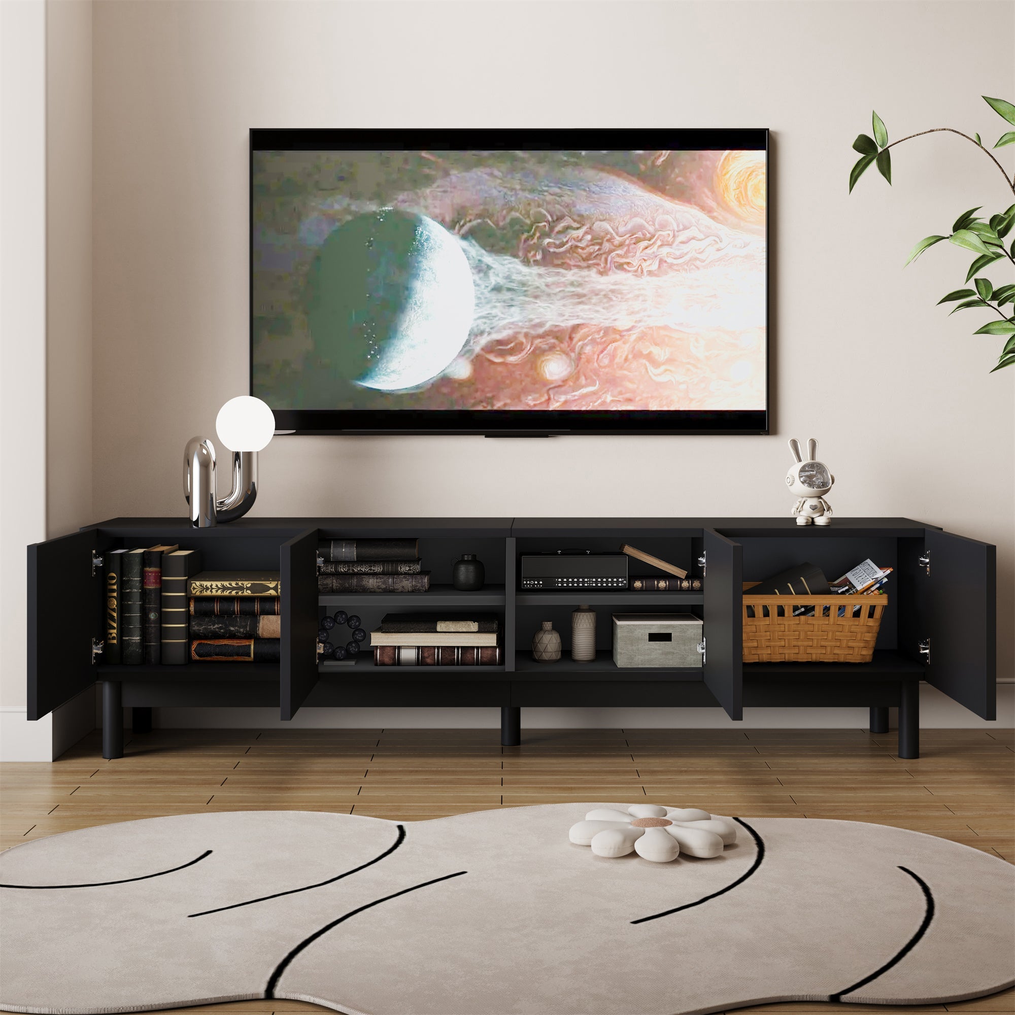 Lowboard TV Cabinet Curved Wave Doors Shelves Stand Legs