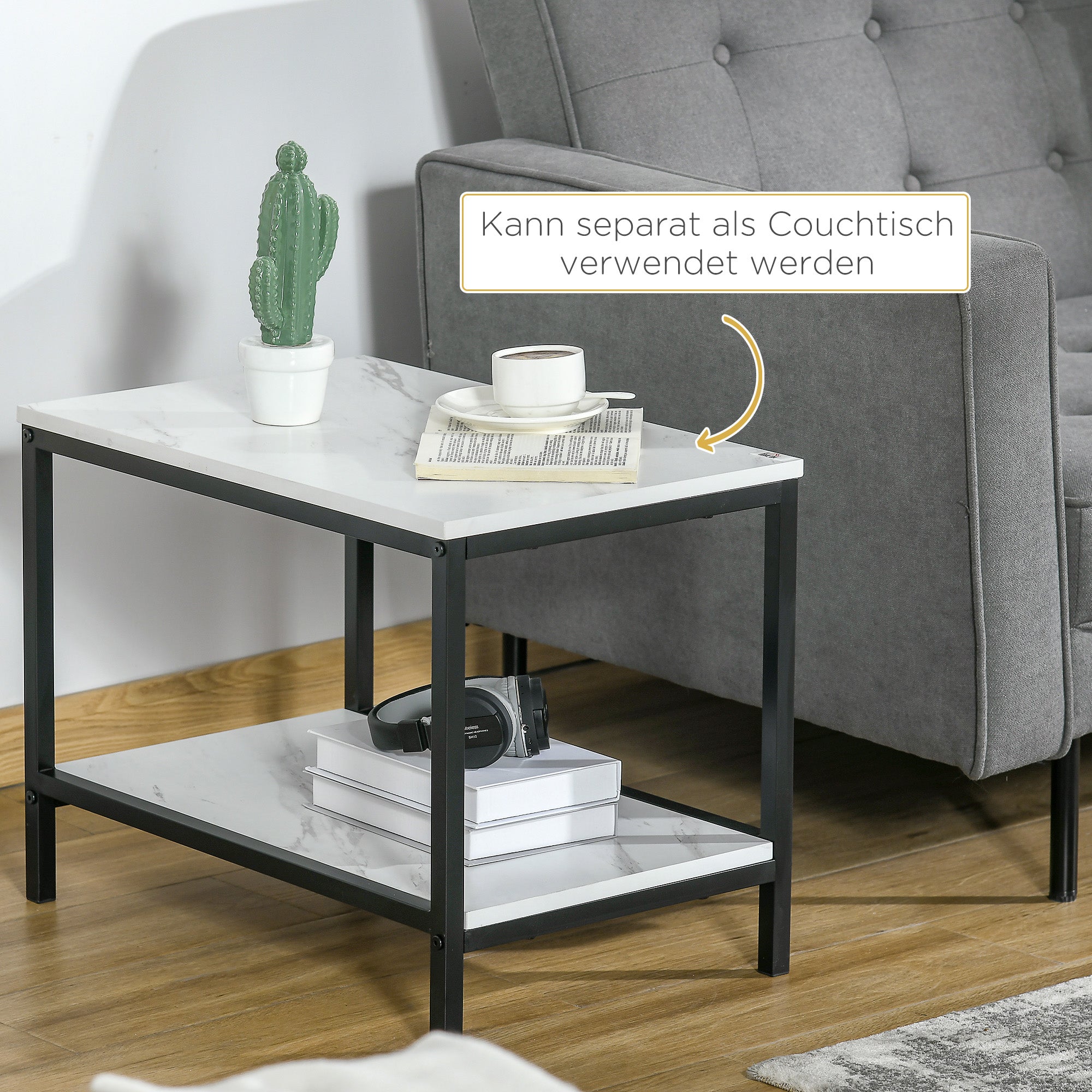 Coffee Table Set of 2 Nesting Modern Marble Look, Steel