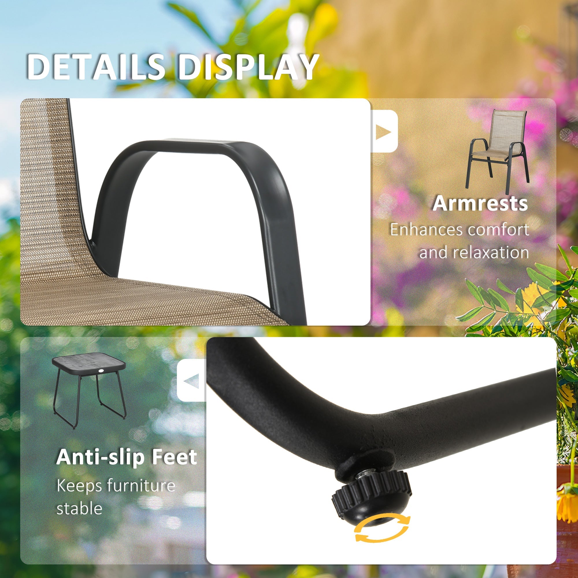 3 Pieces Outdoor Bistro Set, Stackable Armchairs, Mesh Fabric/SPC Table, Brown