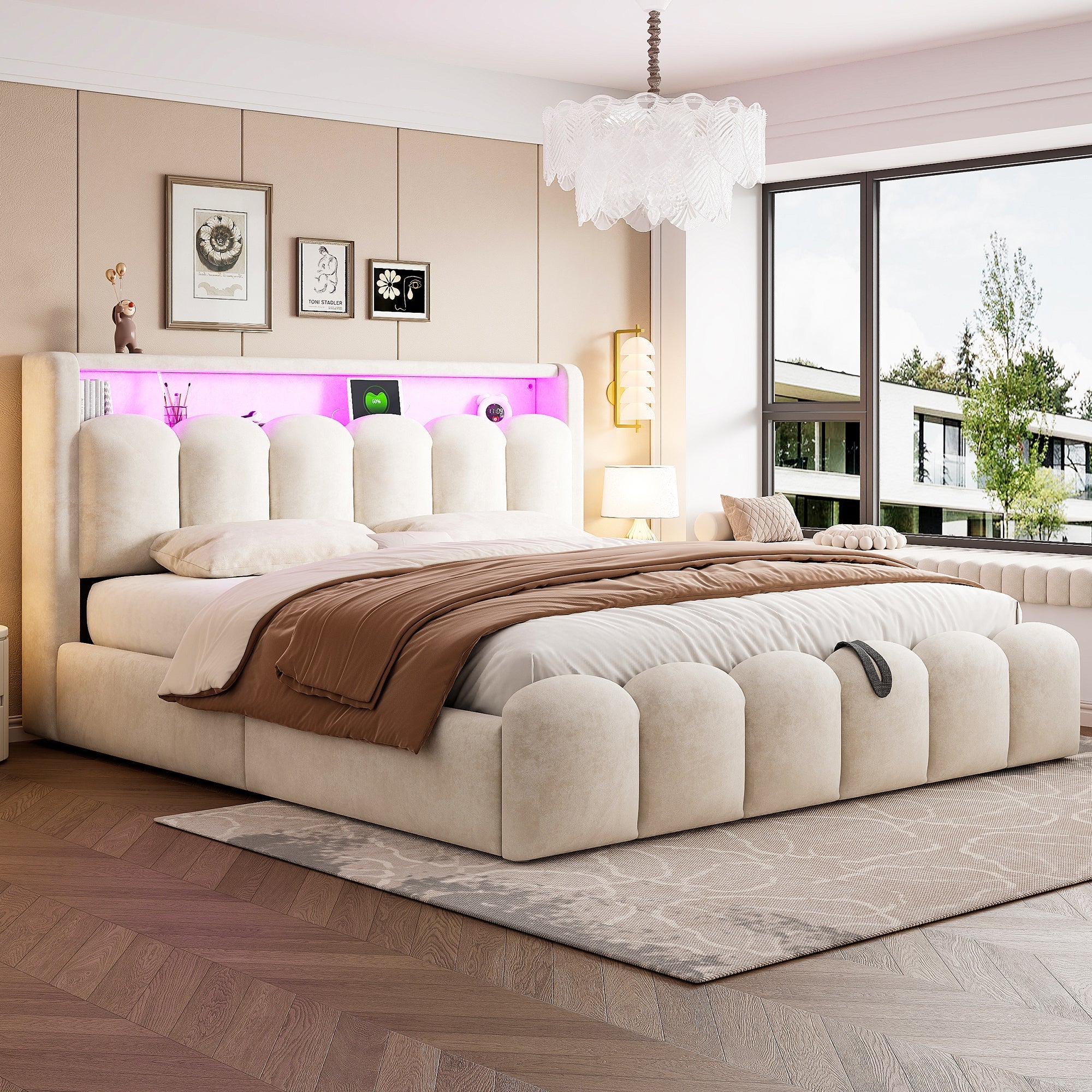 Upholstered Bed 180x200 Hydraulic Storage LED USB/Type-C Velvet Beige