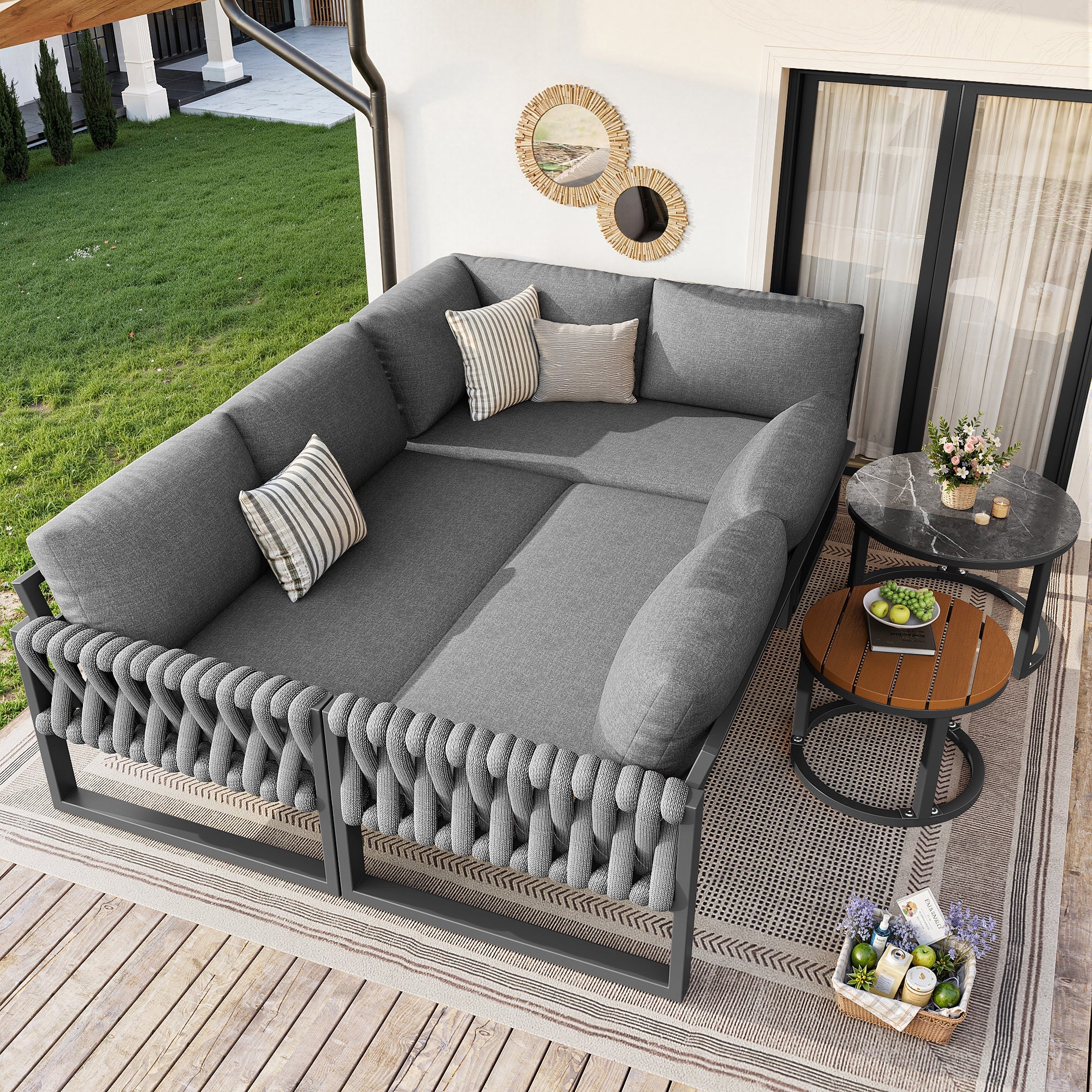 Garden Lounge Set Modular 5-6 Seater Adjustable Legs - Grey